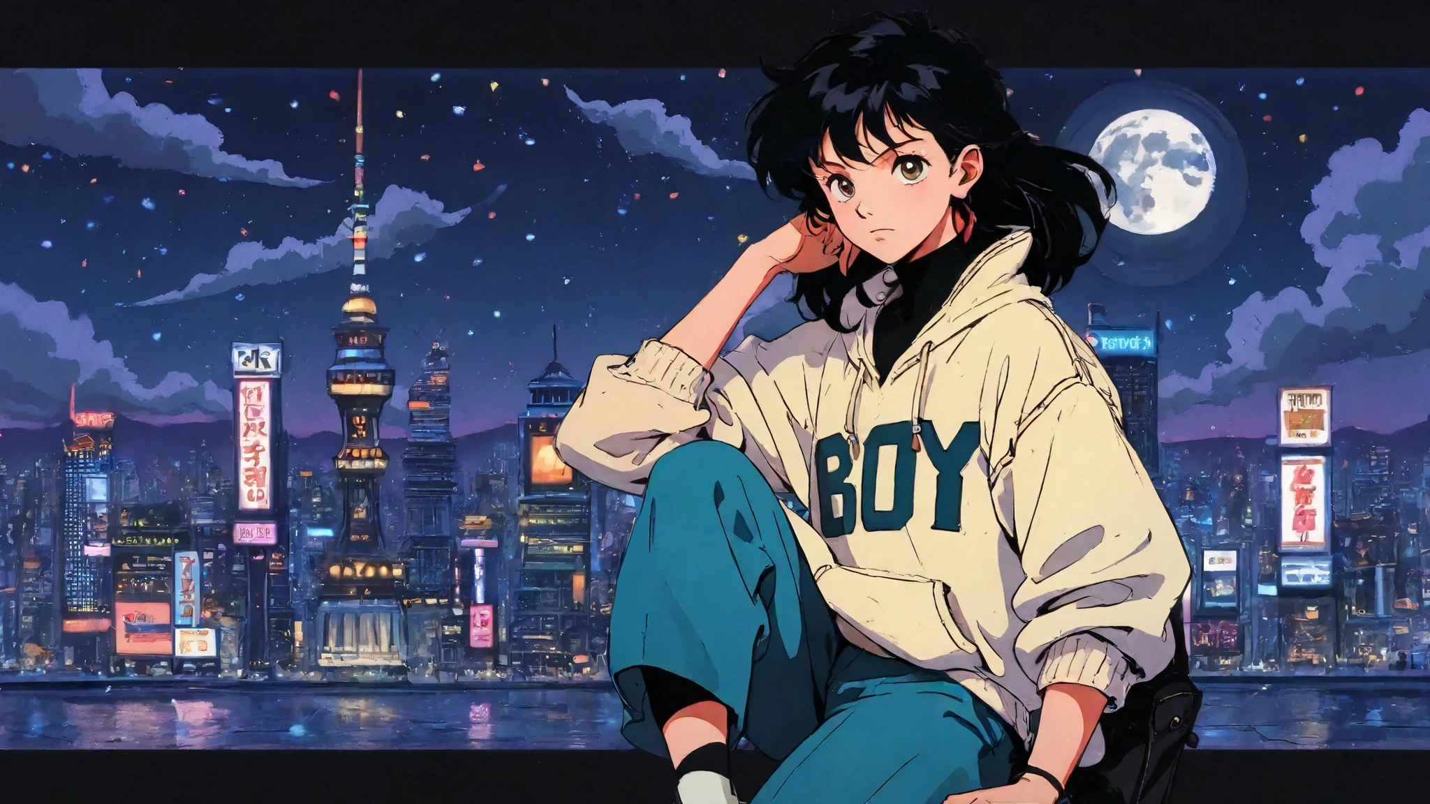 score_9, score_8_consolation, score_7_consolation, score_6_consolation, score_5_consolation, score_4_consolation, rupee, red jacket, Chest scar, Straw Hat, black hair, 1st son, alone, single, Retro_ art style , Retro, cyberpunk, alley, masterpieces, highres, Neon lights, buildings