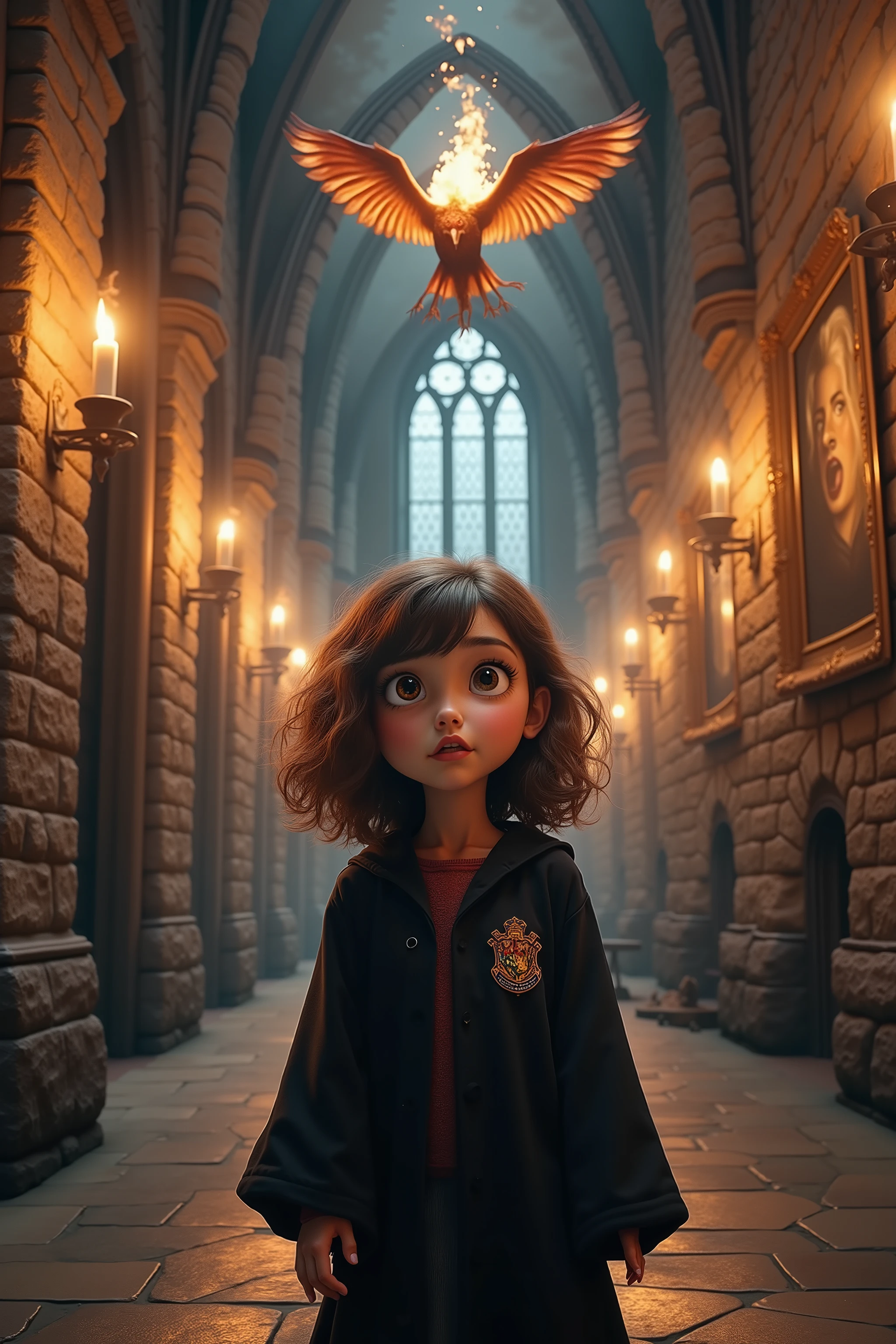 Daria,💋 Schüchterne Erstklässlerin entdeckt ehrfurchtsvoll die Geheimnisse von Hogwarts
🌟 Cinematische Harry Potter Film-Ästhetik, warm candlelight lighting, gothic architectural details, magical atmosphere, Weitwinkel-Aufnahme der gewölbten Korridore
🌌 Steinerne Hogwarts-Korridore mit hohen gotischen Bögen, flickering torches on the walls, moving portraits in golden frame, floating candles throw dancing shadows, mystische Schulatmosphäre
😈 Junges Mädchen mit etwa 18 Jahren, shaggy brown curls, big astonished eyes, wears the new black Hogwarts robe over her muggle clothing, still unfamiliar, schüchterne Körperhaltung
🔥 Sie folgt vorsichtig ihrem älteren Bruder durch die Gänge, always stays a few steps back, her eyes wander in awe along the high ceilings, mouth slightly opened in amazement, winces as a portrait addresses her, pure fascination and nervous excitement, A burning phoenix flies along the ceiling and draws a trail of fire behind it