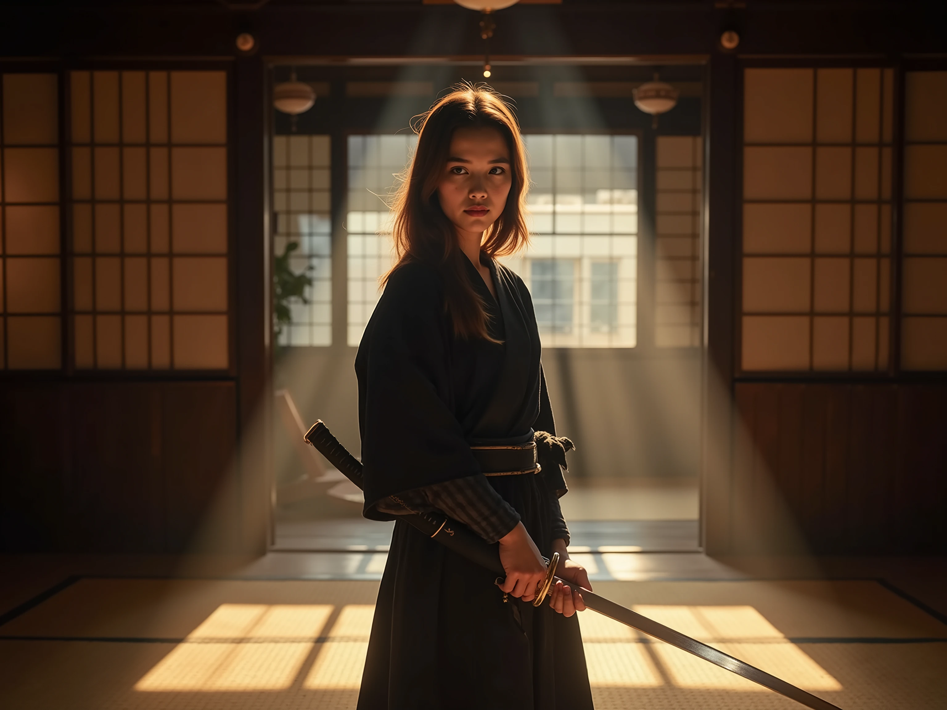 Daria,Girl, backside shot of a swordsman
💋 : Kendo Club newcomer under strict master
🌟 : ultra-realistisch, 8K, dramatisch, inspired by traditional Japanese art and martial arts photography
🌌 : traditional dojo with tatami mats, wooden walls, sanftes Kerzenlicht, shadows dancing at the edges, ruhige, disciplined atmosphere
🔥 : the champion is standing in fighting position, Schwert hochgereckt, her eyes are reflected intensely from sword sheath to observer, a mixture of strength and secret, while the newcomer watches eagerly