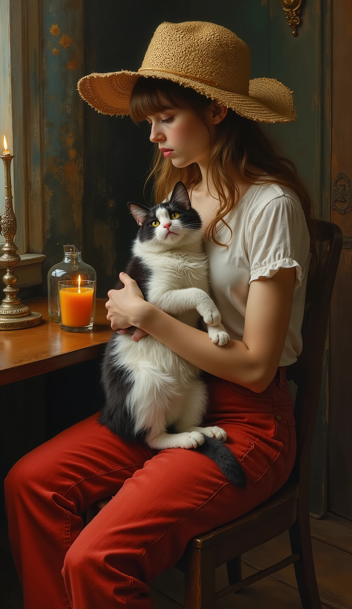 created a painting with oil painting with huge details , In the style of the artist Leonardo Davinci , The art of the era of European Renaissance , A fully detailed painting of a teenage girl ( 18 years) She is sitting on the chair and holding her black and white cat in her arms and wearing a torn wicker hat
The girl wears red jeans, puts a glass of orange juice and a burning candle on a table and the background is dark. The picture seems cinematic, the angle of view is not taken from the top, an aerial view