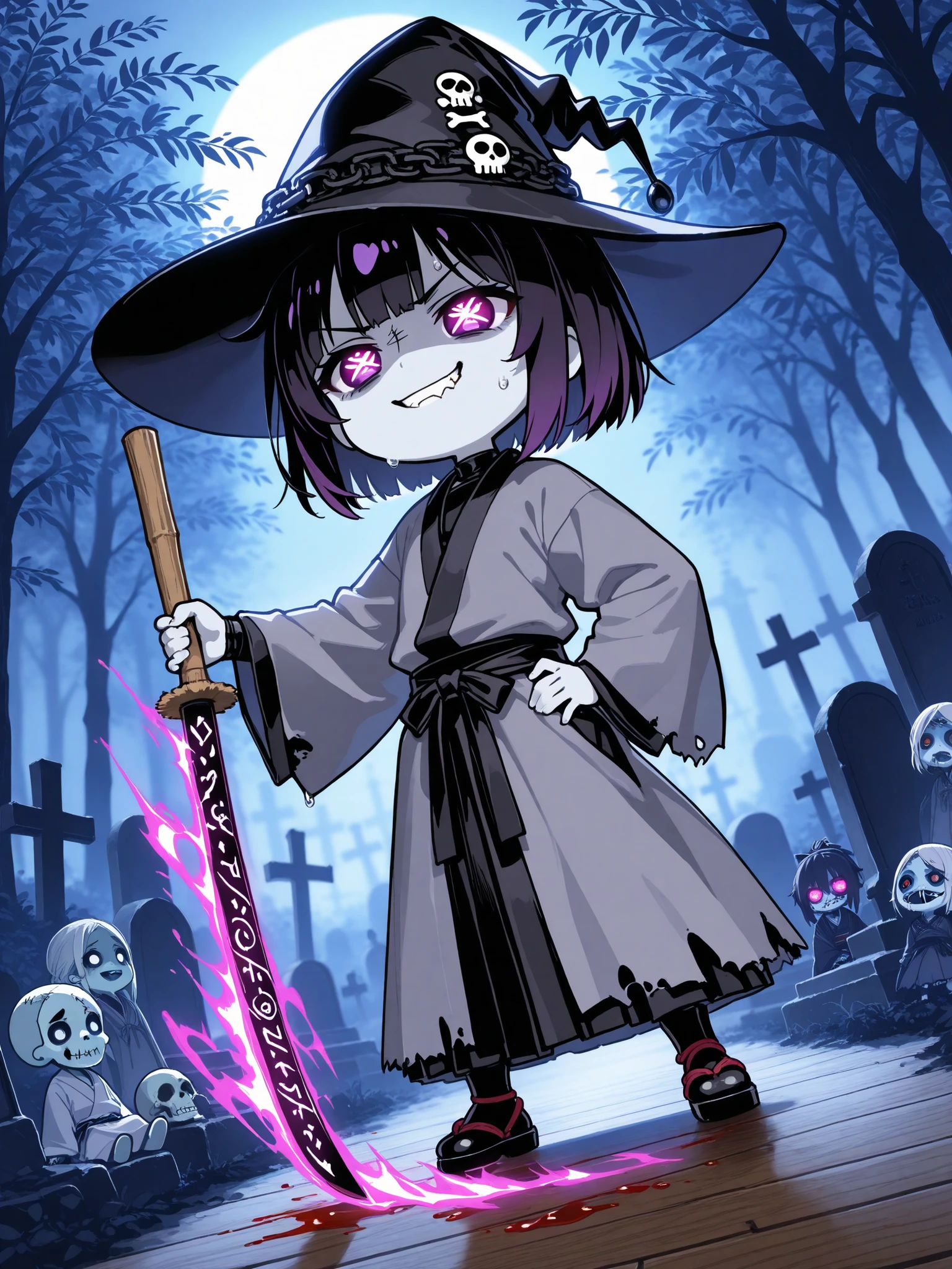 (dutch corner))(masterpiece, best quality), dynamic angle, chibi, the witch in the yukata, sewn mouth, smile, nasty, black leather, shoulder joint, loose ведьма robe, stitched robe, gray robe, purple runes, worn robe, ведьма hat, trinkets on the hat, web on hat, button eyes, doll, broom to hold, ((black cat with bones)), zombie, Cemetery, tombstones, willow trees , magic rubies, glowing runes,motion blur,monochrome with selective dark spray effects, blood moon, dark purple effect, dynamic illustration, dramatic lighting, Highest quality, super resolution, perfect details, 1 man, Kendo uniform, young students , kendo hall, holding a wooden sword, serious expression, a drop of sweat , passionate eyes, Afternoon sun, wooden floor, traditional dojo atmosphere with wooden swords, a stream of light in the dust, black and white tones , dynamic composition