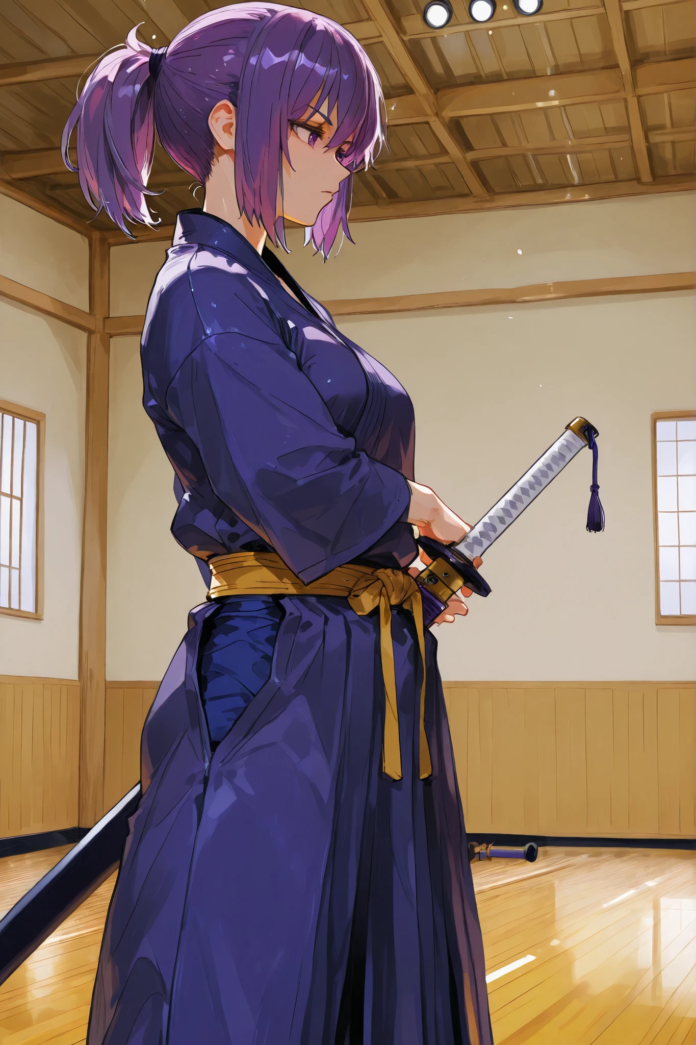 kendo sword rookie, dojo, training, ((((wooden training sword))), kendo uniform, amateur, 1girl, purple hair, short hair, ponytail