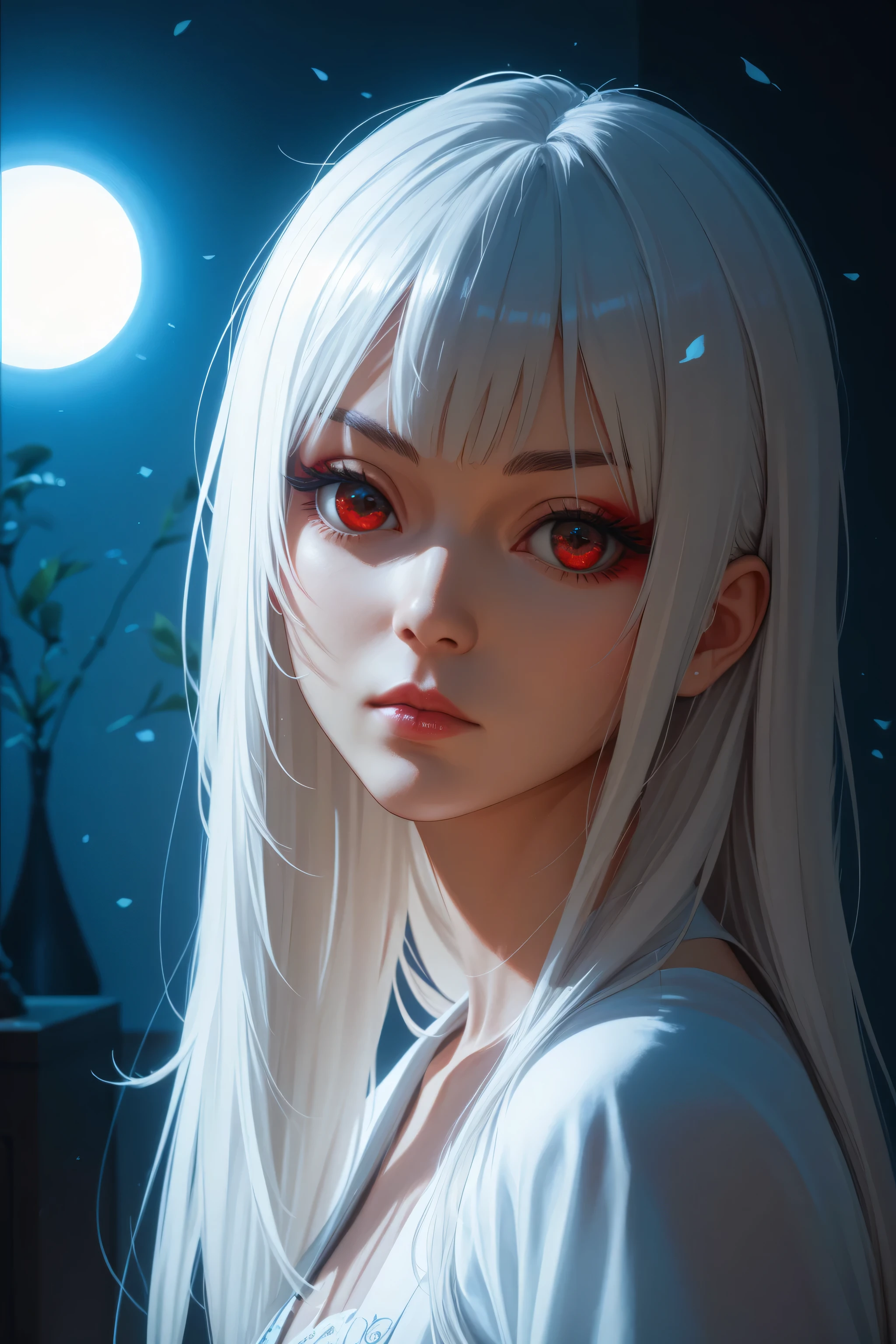 realistic image, 4k, (additional details), (((ultra detailed))), ((very beautiful woman)), oriental, serious, (long white hair), ((red eyeball)), moonlight,