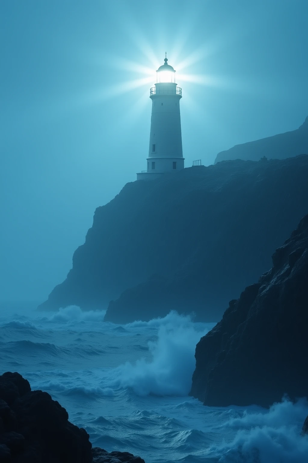 Its beam passes through the rain and fog {x} Lighthouse stands on a rocky cliff during the storm, Detailed ocean textures and moody lighting. Wave impact, Dramatic realism style. Below, Detailed marine textures and somber lighting. 8k, film power.