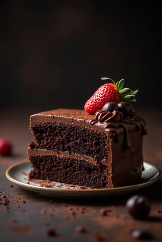 cinematic still-frame chocolate，chocolate cake，deep dark background，High Quality Photos，Moist Textures，Icing，studio photo，slice，shallowdepthoffield，Vignette，Very meticulous，High budget，Bokeh，Movie Widescreen，gloomily，Epic，opulent，cinematic grain，grain sense