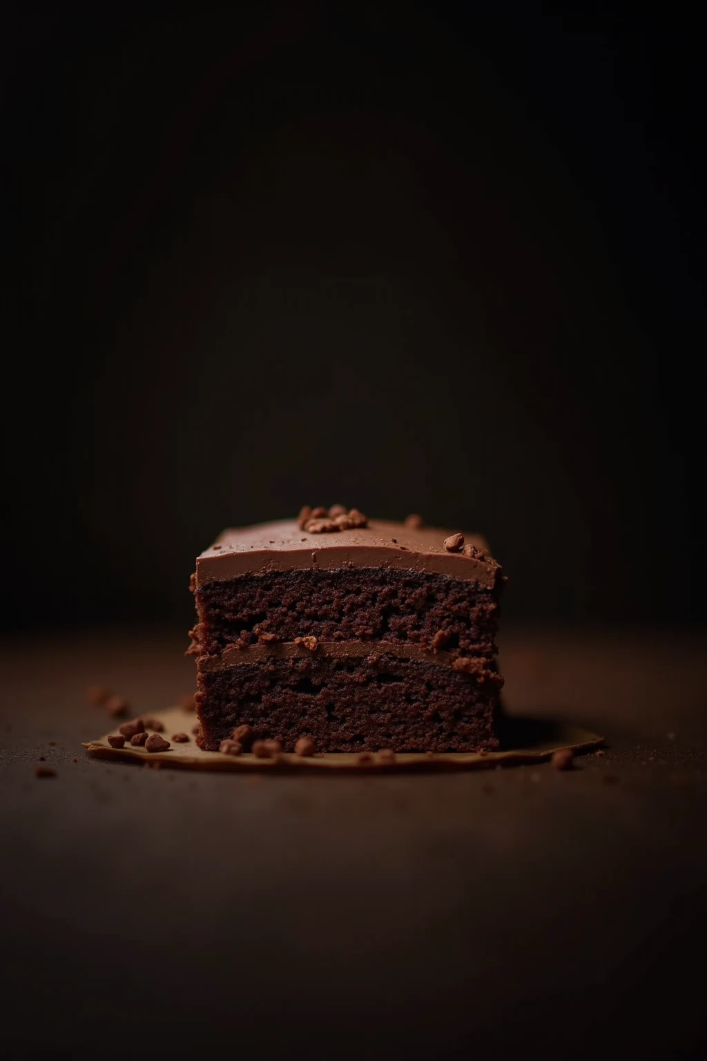 cinematic still-frame chocolate，chocolate cake，deep dark background，High Quality Photos，Moist Textures，Icing，studio photo，slice，shallowdepthoffield，Vignette，Very meticulous，High budget，Bokeh，Movie Widescreen，gloomily，Epic，opulent，cinematic grain，grain sense