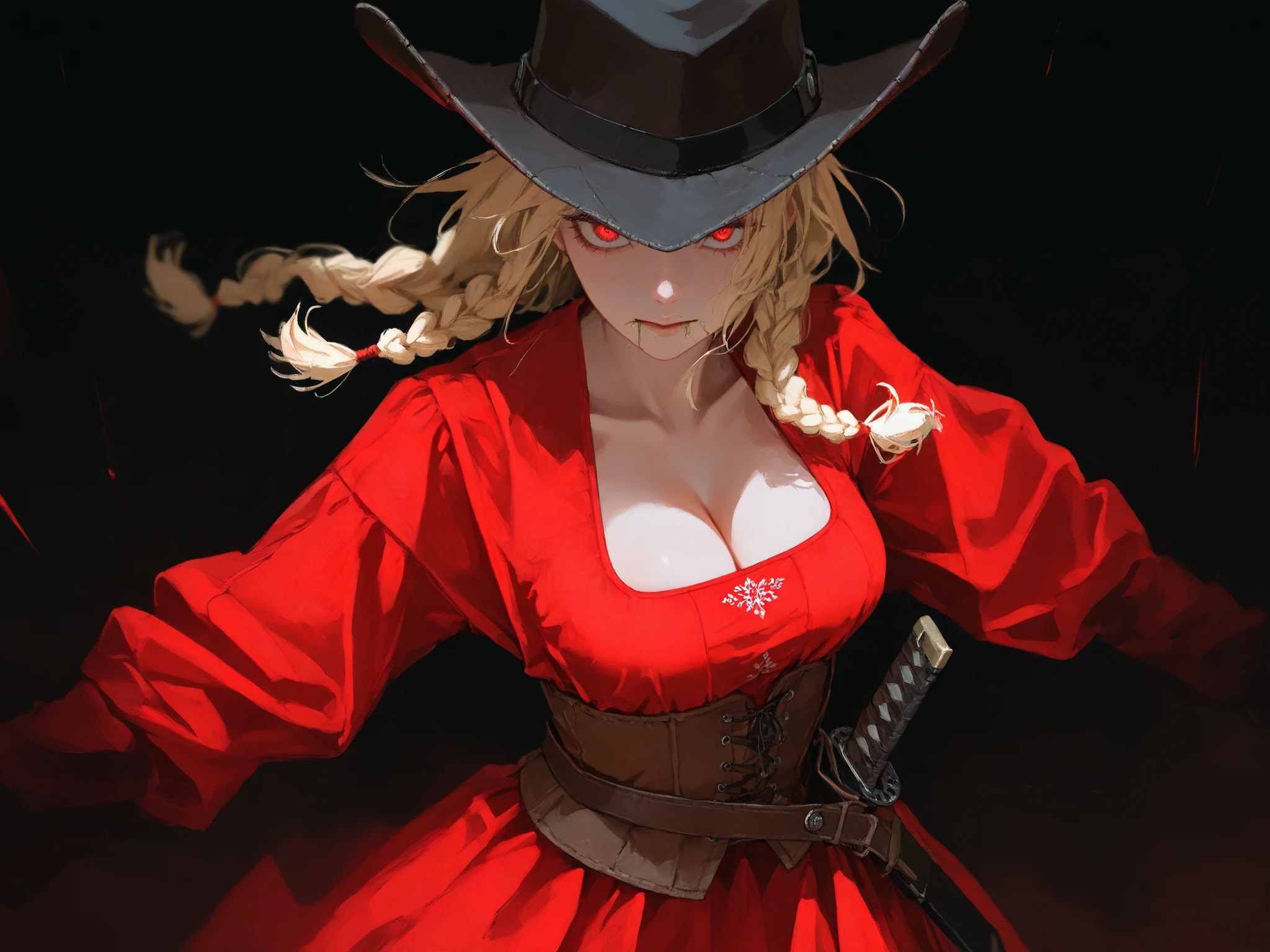 slavic dress,(Realistic),masterpiece,best quality,cinematic lighting,natural shadow,highest detail,professional photography,detailed background,depth of field,insane details,intricate,aesthetic,detailed face,subsurface scattering,looking at viewer, masterpiece, best quality, realistic, copyright, style, rating, masterpiece, best quality, good quality, newest, L0LSPL4SH, addmoredetails, 1female, blonde hair, double braids, longsleeve black and red dress, brown corset, cowboy hat, samurai sheath. samurai belt, victorian dress, cleavage, serious face, dynamic pose, straw on her mouth, serious face, extremely long double braids