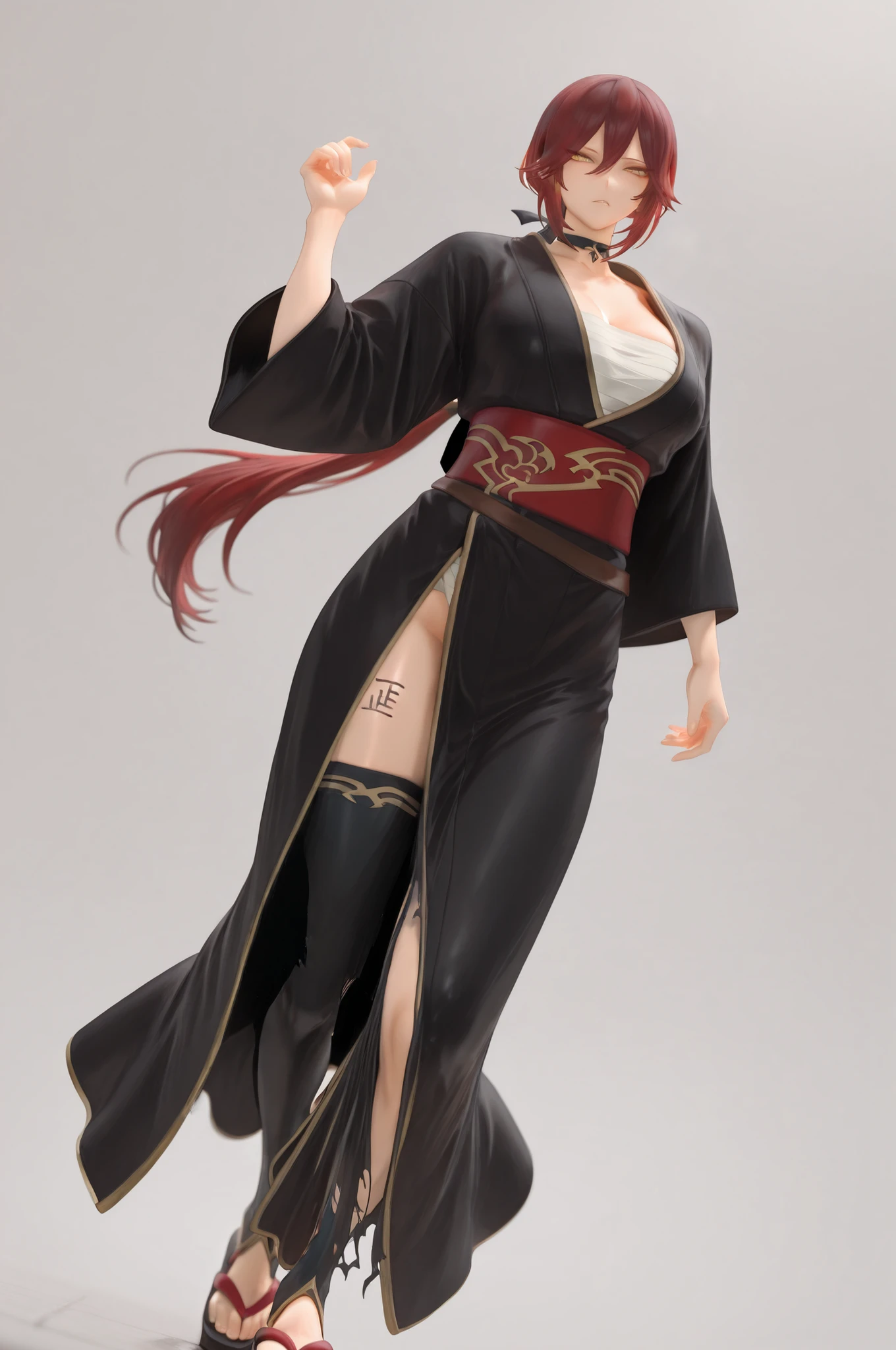 solo,masterpiece, top quality,minimal background、 people who write in detail、 accurate human body、Knowledgeable person、( accurate 5 fingers), female high school student female, thighsが太い,curvy body、 thighs、medium breasts,tsubaki, red hair, yellow eyes, low ponytail,black kimono, collarbone, red sash, wide sleeves, black thighhighs,ulrich,tally,sarashi,thigh writing,choker,torn clotches,figure style,photorealistic,photo \(medium\),Angle from below,fullbody,sandals,zettai ryouiki