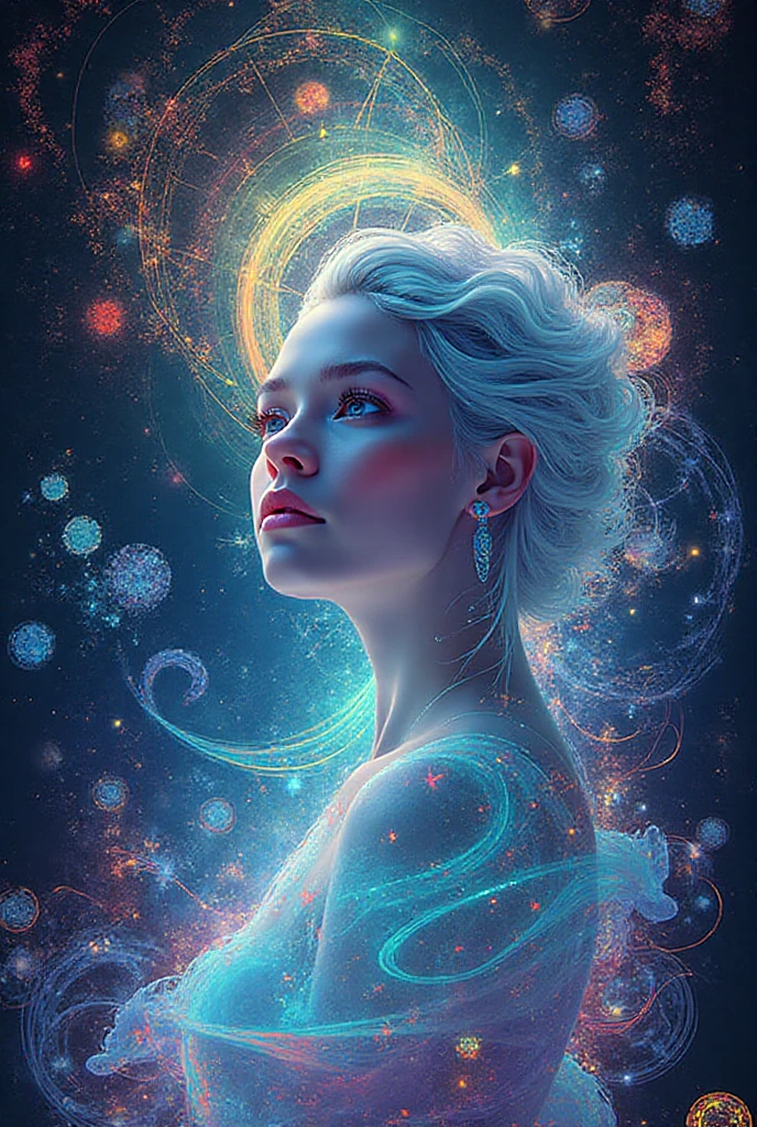 Hyper-realistic and mystical image of a single human figure - androgynous or with delicately ambiguous features - floating in outer space in front of a vibrant nebula in blue and silver tones. The figure has its eyes closed or slightly open, with an introspective and calm look, like someone listening to the symphony of the universe.

Around your head, small rings of light rotate like a technological halo, representing its connection with knowledge and innovation. A  jug floats next to you, pouring water made of liquid light that spreads across the cosmos in fillets that are transformed into small codes, constellations or star seeds.

The clothing is ethereal, com design futurista e detalhes minimalistas que lembram circuitos integrados e símbolos do signo de Aquário ♒ bordados com brilho sutil. Ao fundo, the constellation Aquarius pulsates discreetly and Uranus appears as a distant beacon.

 The setting is silent , mystical and charged with meaning: represents the visionary Lonely who carries tomorrow within himself - and plants stars for Future bloom.