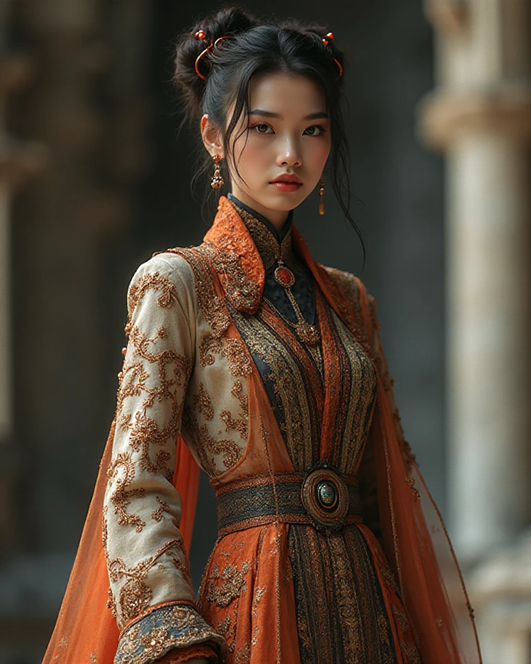 An Indonesian-styled futuristic suit worn by a girl depicting cultural fusion and modern fashion. The suit is adorned with intricate patterns and vibrant colors, showcasing the rich heritage of Indonesia. The girl stands confidently in a dynamic pose, with her detailed eyes reflecting determination and curiosity. The suit's material is a combination of traditional textiles and futuristic synthetic fabrics, giving it a unique and avant-garde appearance. The overall image quality is of the highest standard, with sharp focus and ultra-detailed rendering. The artwork employs physically-based rendering techniques, resulting in realistic lighting and shadows. The colors are vivid and vibrant, capturing the essence of Indonesian cultural aesthetics. The background features a fusion of modern architecture and traditional elements, creating a harmonious blend of the past and the future. The prompt explores the intersection of Indonesian culture, futuristic design, and the artistic representation of a confident girl.