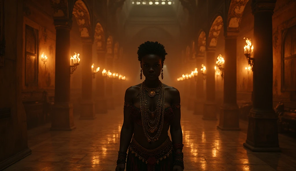 (80’s horror movie stills), deeply dramatic and alluring full-body portrait (1.2), mesmerizing african vampire female figure, , accents of gold and silver filigree, focus on cleavage (1.3) drawing attention to her sensuality. intricate details, cinematic lighting, photorealistic manner, background features flickering candles., masterpiece, best quality, high quality, highres, amazing lighting, detail enhancement, most beautiful image in the world, 8k resolution, awe inspiring, hd