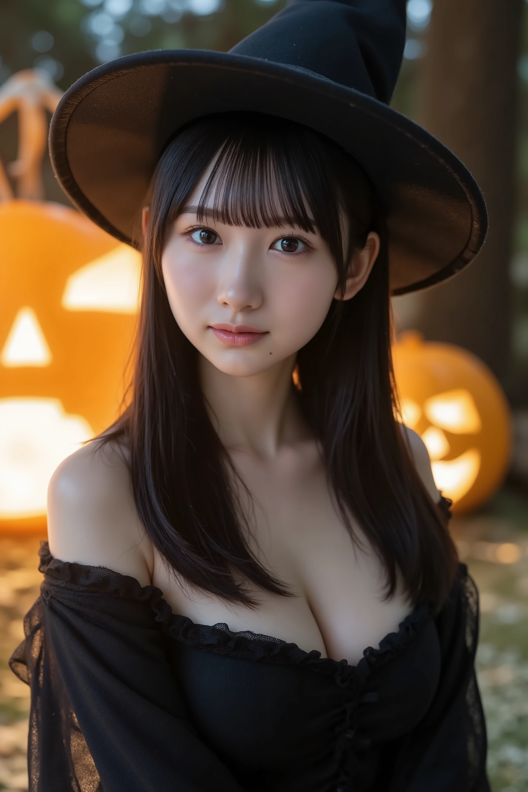 This photo captures a beautiful Japanese woman.
There's a large Jack-o'-lantern in the background.
She's wearing a witch's hat and a black robe.
The robe is bare at the shoulders.
The image is very high resolution, with clear skin texture.
The focus is very sharp and focused on her face.
This is an ultra-high resolution image.
Her facial expression is sexy.
She is facing forward.
She has shiny black hair.
Her skin is beautiful, fair, fine-grained, and even.
Her breasts are medium and firm.