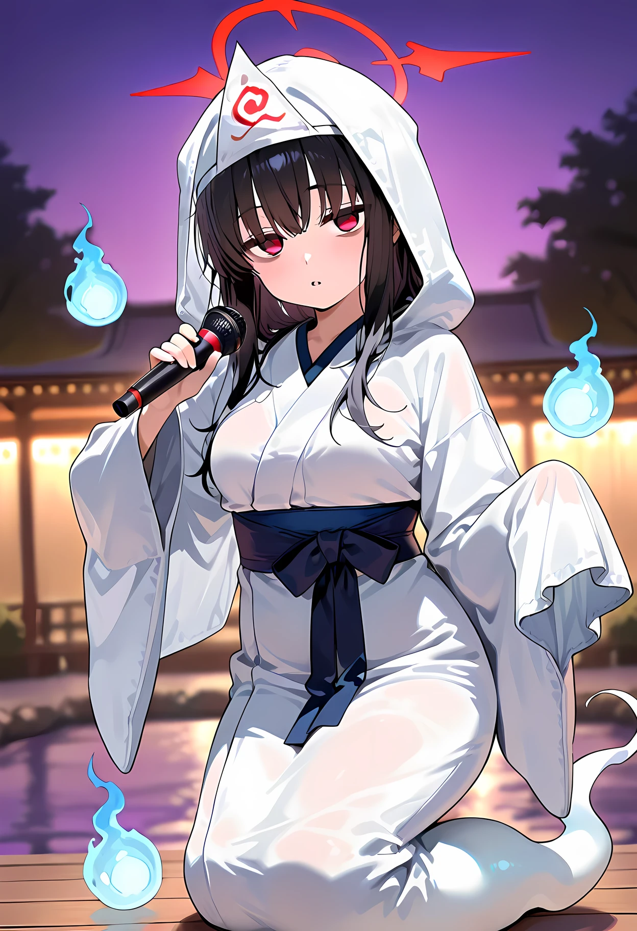 score_9, score_8_superior, score_7_superior, masterpiece, best quality, absurdres, high_fidelity, vibrant, sauce_anime, rating_safe, Adorable, 1girl, short stack, triangular, headpiece, shiroshouzoku, japanese clothes, ghost, ghost costume, hitodama, ghost tail, (bags under eyes:1.1), (holding microphone:1.2), Outdoor stage in the park, Purple Sky, blurry background