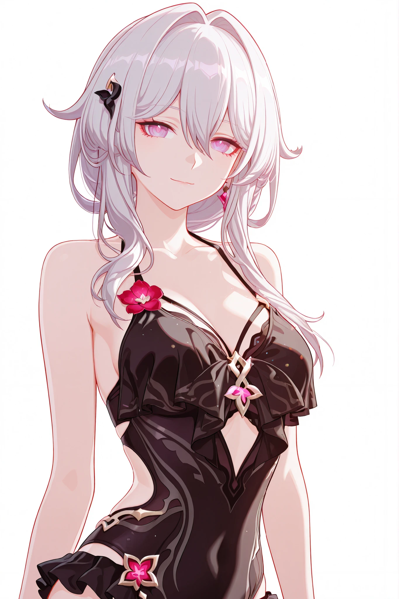 thelema (Honkai Impact 3rd), wearing a beautiful stylish swimsuit, elegant and graceful, standing pose, white background, highly detailed, anime style, vibrant colors, clean lines, perfect lighting, Upper body, aesthetic illustration, focus on beauty and elegance, looking at viewer, soft smile,