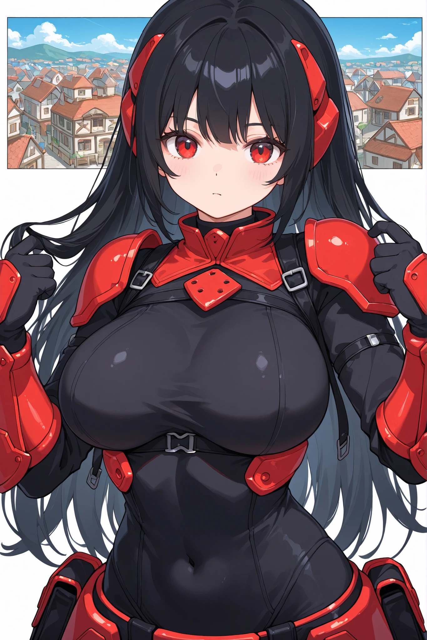 girl young short, futuristic town, black long hair, large breasts, black red adventurer outfit, white background