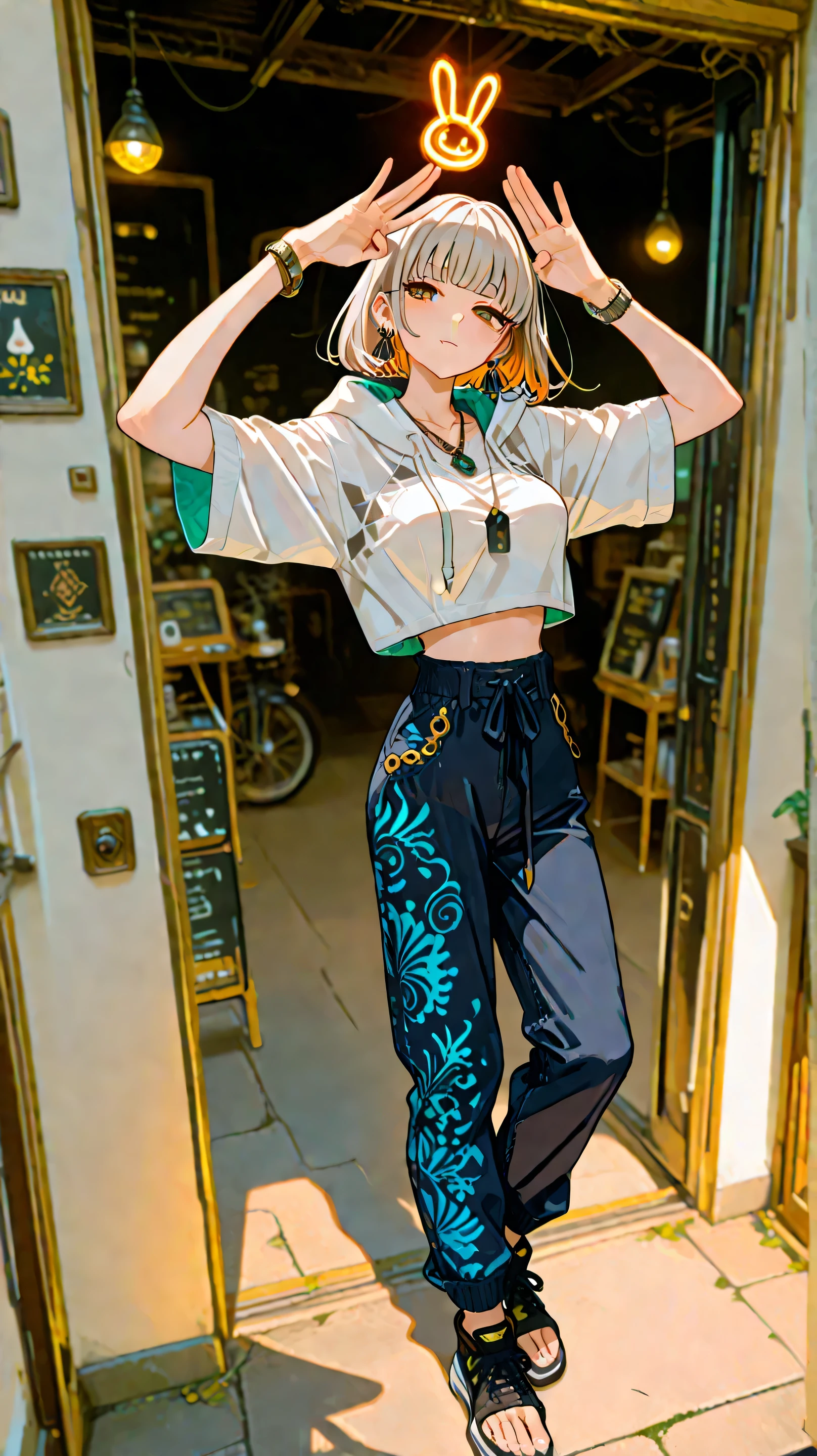 (masterpiece:1.3), (best quality:1.2), ultra-detailed, 8k, high resolution, depth of field, natural light, professional lighting,
(1 girl), (solo), standing pose, looking at camera, elegant Koenji girl, Japanese-style face with delicate details, brown eyes for people with high consciousness,
(tall, 166cm:1.1), slim body, tight fit, beautiful shaped breasts, long toes, glowing fair skin, platinum short hair with double curl bangs parted in the middle,
(40多岁),
outfit: colorful patterned blue straw jeans set, thick short sleeve hoodie with inner sleeves, Native American style luxury jade necklace, silver earrings (luxurious and stylish), silver bracelet, sneakers and sandals,
accessories: strict thin muffler style twin ribbons,
location: Tokyo, Suginami Ward, Koenji North, Koenji Junjo Shopping Street:1.2,
(conceptual depth:1.2), high angle, dynamic shadows:0.8,
(fashion model peace-sign pose),
tags: 上帝的奇跡傑作:1.2, unity 8k.