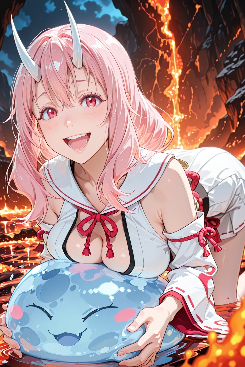 1 girl, breast press:1.3, shuna(slimetensei) in white miko outfit, happy joyful laughing, beam,  with open mouth, holding slime (creature), playful atmosphere, looking at viewer, masterpiece, high detailed, best quality, lava background, soft lighting illuminating character's face