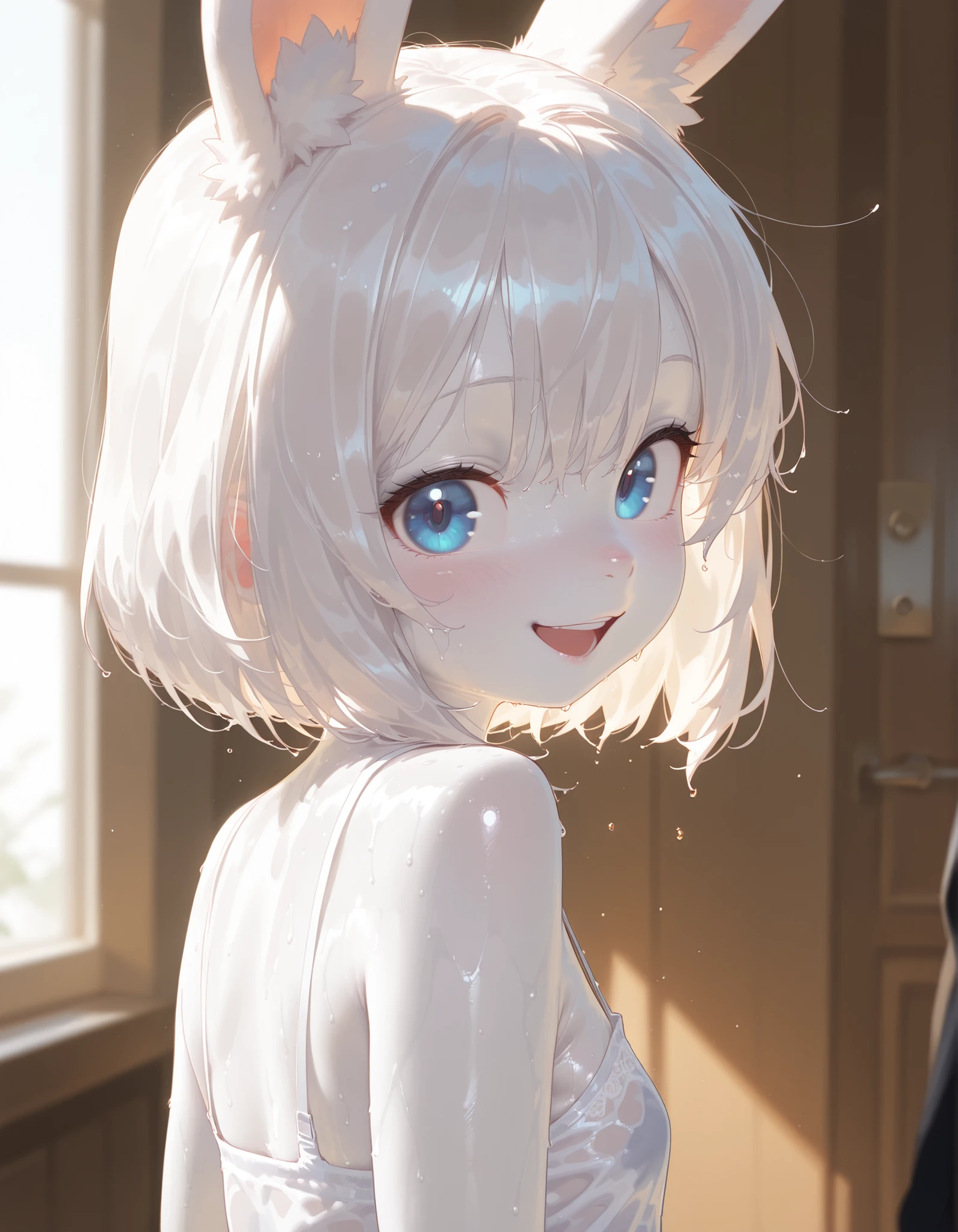 masterpiece, best quality, perfect quality, very awa, absurdres, newest, very aesthetic, absolutely eye-catching, intricate details, photorealistic, painterly, {1girl, female focus, solo focus}, {{rabbit girl, young, (petite), pale skin, (white skin:1.5),anthro, female, furry, short hair, bob cut, white hair, (white fur), blue eyes, round face, big eyes, bratty face, cute, small breasts,furry girl,} sunny day, looking at viewer, flirty, happy, laughing, (wet), looking back,  (by wamudraws, honovy, nomaxx, hemuchang, by ajin:0.5), (3D, lineless:0.5), artic fox, 