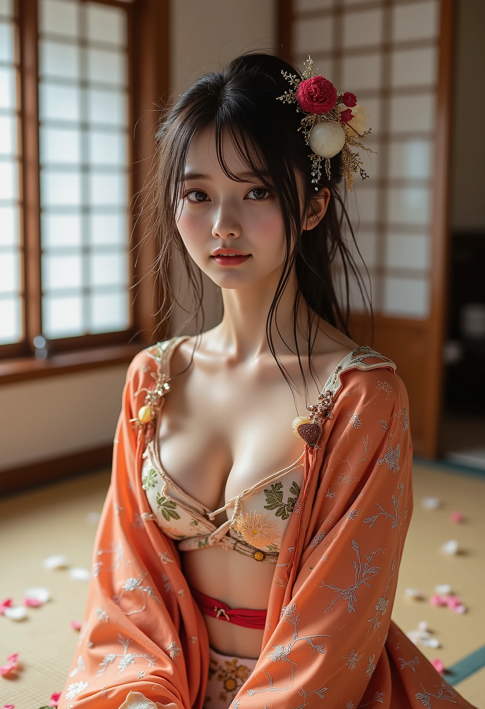 (Canon), (EOS R5), (50mm), (((Photorealistic:1.5))), ( No Lens Flare :1.5), ((超high resolution)), (masterpiece), accurate, (visibleな質感の肌), Super Detailed, Highly detailed, High Quality , winning work, 最High Quality, 32K, depth of coverage, digital camera, Award-Winning Photos , (Professional bright lighting), ((Appropriate white balance for the skin)), ((最High Quality:1.5)), ((masterpiece:1.5)), ((visible)), high resolution, (とても美しくて可愛い1 personの日本人女性), ((Upper body shot seen obliquely from the front :1.5)), (( upper body shot from head to knee :1.5)), ((( upper body shot with a beautiful and cute floral pattern with an orchid-like design :1.8))), ((half naked Japanese woman in a Japanese kimono)), ((Shot in an old Japanese-style house in Japan )), ((sitting on a beautiful tatami mat in a luxurious Japanese-style room:1.5)), ((( showing cleavage between the lattice-shaped shoji and floor :1.8))), ((( wearing only Japanese kimonos , underwear, no shoulder straps , semi-nude:1.8))), ((( no shoulder straps :1.5))), (((underwear:1.5))), (((The front of the kimono is wide open to show the cleavage between the shoulders and bust:1.8))), (1 person), ((Beautiful and cute, 18 year old Japanese)), ((very cute high school girl who feels young)), ( beautiful black hair ponytail), Very beautiful and sexy, Charming Beauty, seductive pose, height 160cm, slim figure, Beautifully shaped bust , D cup, (((A very cute, cheerful smile:1.8))), (solos:1.5), (brown eyes:1.9), (Highly realistic detailed depiction of skin), (Highly detailed, realistic eyes:1.9), (Very beautiful long, realistic eyelashes), (Highly detailed, realistic eyebrows), (丸いbrown eyes :1.8), (Beautiful catchlights in the eyes), (Realistic lips with moisture ), (White realistic teeth lined up nicely), ( Beautiful and Detailed Face :1.6), (hourglass shape:1.6), (Wasp waist :1.5), (Perfectly round and beautifully shaped breasts:1.8), ( clearly contoured cheekbones :1.5), (Perfect Styled Body :1.8), (Healthy body :1.8), (Narrow shoulders:1.9), (staring at viewers), ('s enchanting gaze), (Beautiful, natural-looking hands), (beautiful pink nails with a beautiful length), (( show your hands as little as possible )), (very cute smile:1.1), (Waist, demon's red eyes:1.4), Intricate and detailed, colorful depiction , ((An orange Japanese kimono with a beautiful and cute floral pattern designed like an orchid:1.5)), ((The kimono is wide and the shoulders and chest are quite exposed:1.3)), (((Off Shoulder:1.8))), ((Beautiful orange Japanese kimono with a beautiful floral pattern)), ((Kimono with a flower pattern on orange fabric)), ((I can't show my feet)), flower hairpin, (I can see ikebana on Japanese-style furniture behind), extremely sexy sensual body , sexy girl, like々Sensual Elegance, sexy body, Sexy look, sitting on tatami mats in a luxurious Japanese-style room , Shot taken from an oblique front , (Beautiful pink, yellow, and white petals are scattered on the tatami mat), (Japanese-style temari rolling ), Japanese style hairpin, Japanese Style Hair Ornament, A gentle-looking face, thin waist, (A beautiful, well-shaped cleavage of the bust can be seen quite a bit), blur background, Illuminate Your Face, dynamic pose,Beautiful Body Lines, Beautiful, realistic skin , Art Photography, beautiful soft writing, (Color temperature 4500K)