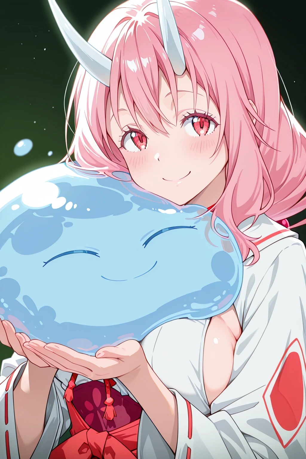 1 girl, breast press:1.3, shuna(slimetensei) in white miko outfit, happy beaming smile, holding slime (creature), playful atmosphere, looking at viewer, masterpiece, high detailed, best quality, dark green ground in background
soft lighting illuminating character,