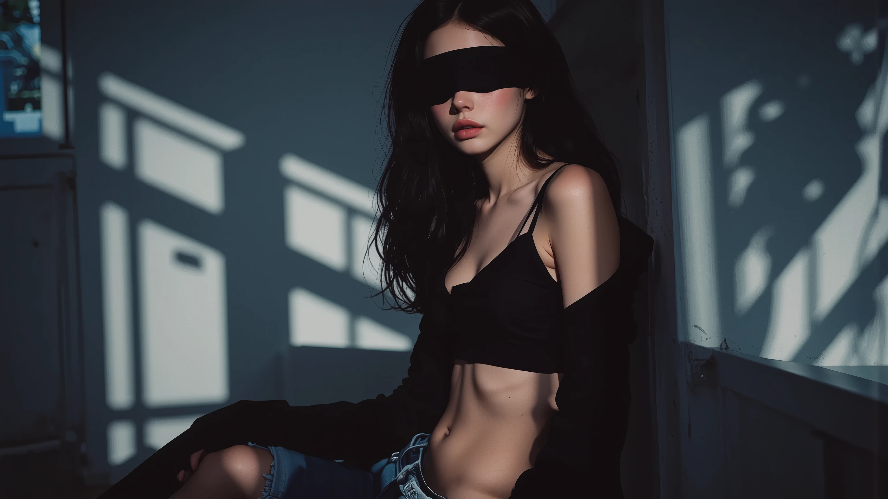 Best Quality, perfect depiction, dark corner shot, Fully Blindfolded Eyes(Black cloth),black long sleeve top with open shoulders, Stylish Damaged Denim, Boundary of Darkness, The Formative Beauty of Shadows, tense air, monochrome color, Artistic Shadows