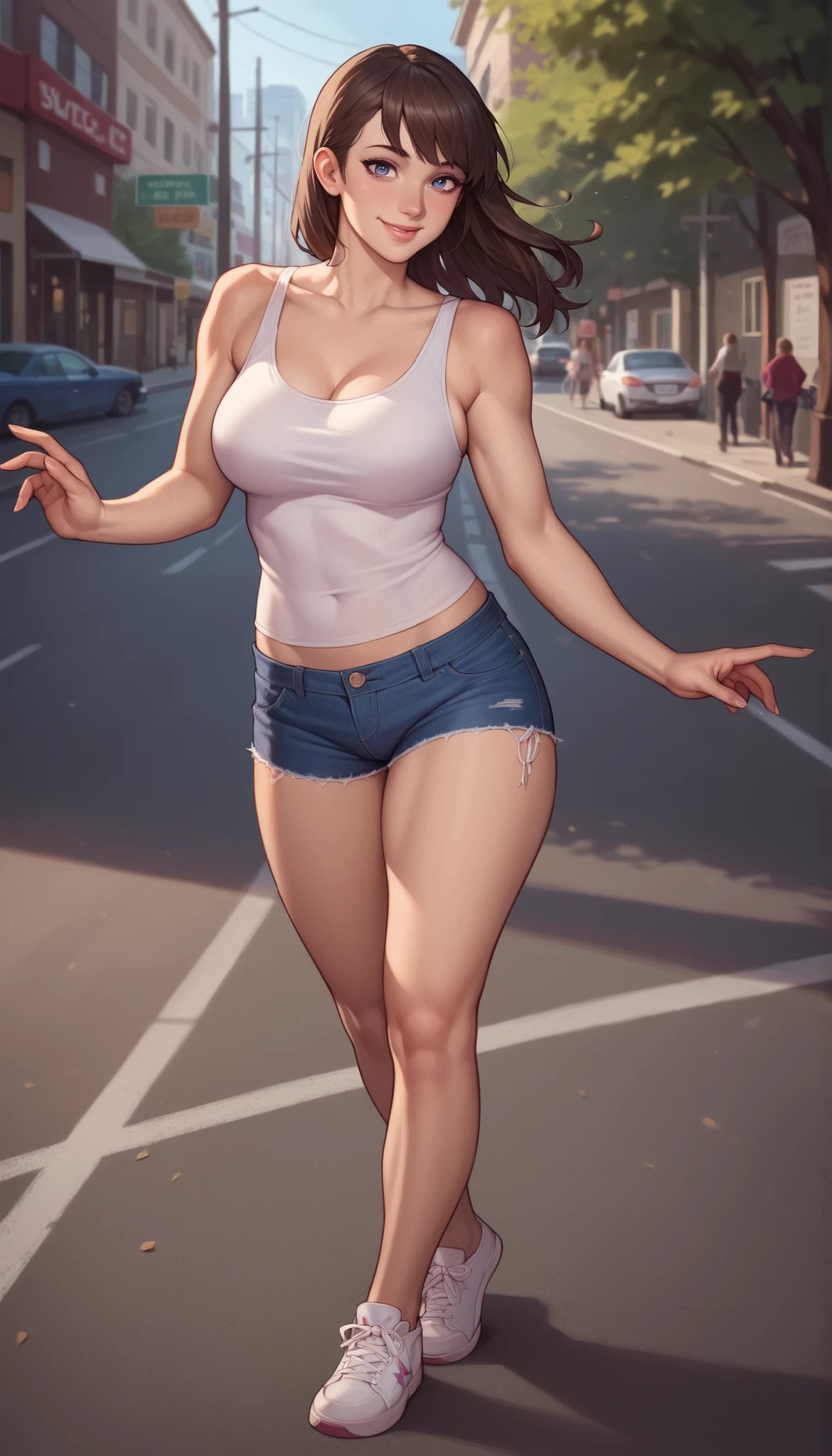 (the best quality, ultra-detailed, photo realistic: 1.39), Face of naughty teenager, bright and vibrant colors, studio lighting, romantic expression, Perfect big breasts, cute string laced tank top, tight jean shorts, white shoes, Short blonder hair, bob style, bangs flowing in the wind, attractive eyes, lips bright, sexy pose, smiling seductively, posing for a professional photo shoot, shallow depth of field, soft natural lighting, creating a romantic and magical atmosphere, street background, summer, sunny day, trees