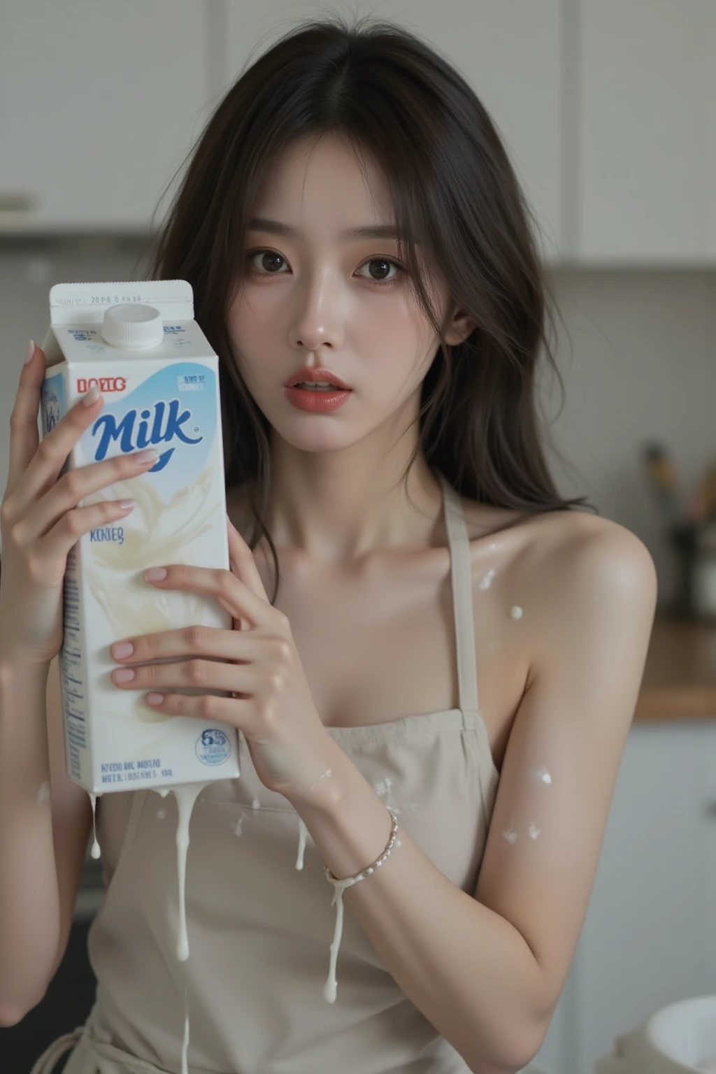 Anerican woman, cute face, skinny body, flat , wearing a , acne, white colorskin, full body image, drinking milk