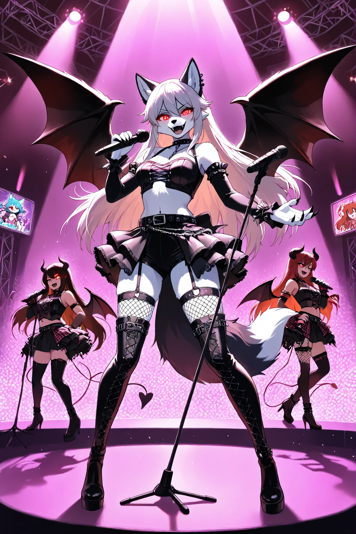 3girls, furry, anthro, fox girl, wolf girl, demon idol, succubus idol, hell idol agency, stage performance, spotlight, gothic idol outfit, revealing clothes, thighhigh boots, fishnet stockings, long tails, sharp claws, glowing eyes, charismatic pose, microphone stand, neon lights, hellfire background, black wings, horns, chains as accessories, leather belts, chokers, piercings, sexy aura, confident expression, glamorous, seductive, charismatic, subworld stage, nightclub atmosphere, infernal glow, group performance, spotlight trio, audience in shadows, dramatic lighting, smoky stage, edgy fashion, detailed outfits, glamorous makeup, fangs visible, high heels, gothic accessories, music idol vibe, unique fur patterns, expressive tails, demonic charm