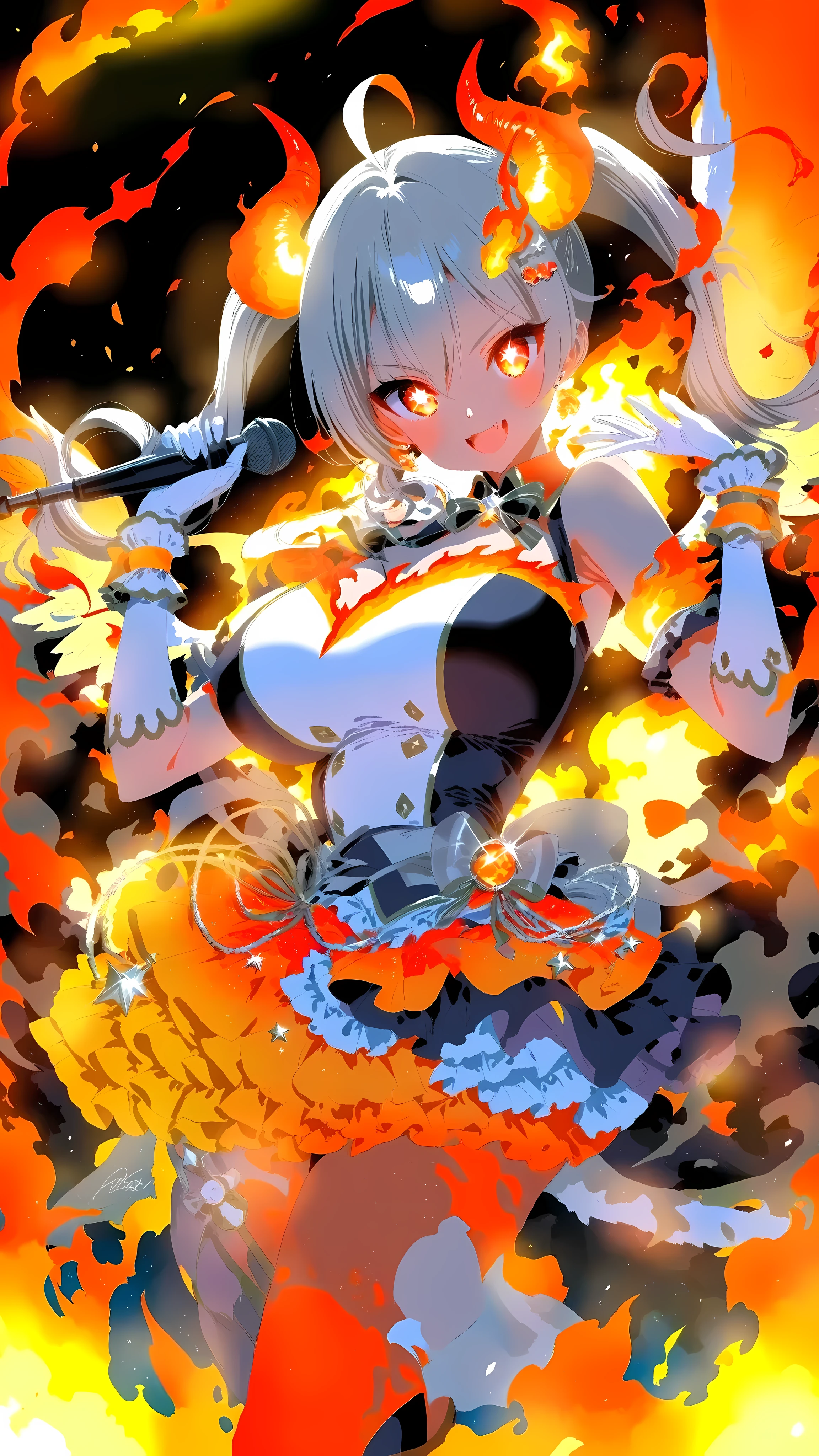 (((super aesthetic))), (((Very nice))), Extremely Distorted Hell Ifrit Idol Girl, (idol figure), Glamorous Thin Japanese Face. (Grand Red)AND(Platinum silver)Ifrit's Ifrit idol costume, Flaming\(asymmetry\)AND\(Multi Furi Idol Costume\). (Attractive Burning Idol Pose:1.2), (Idol of Fire Live Venue), have microphones, microphone stand, Flaming Eyes, MX4D.