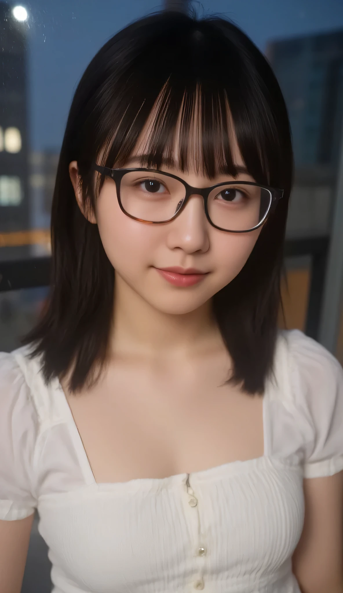 1girl, Solo, High Resolution, Masterpiece, Anatomically Correct, Accurate, real proportions, detailed skin, detailed face, Best Quality, real life style, black hair, bob hair, glasses, portrait, tween, rainy night, city background, indoors, wearing only a closed white shirt