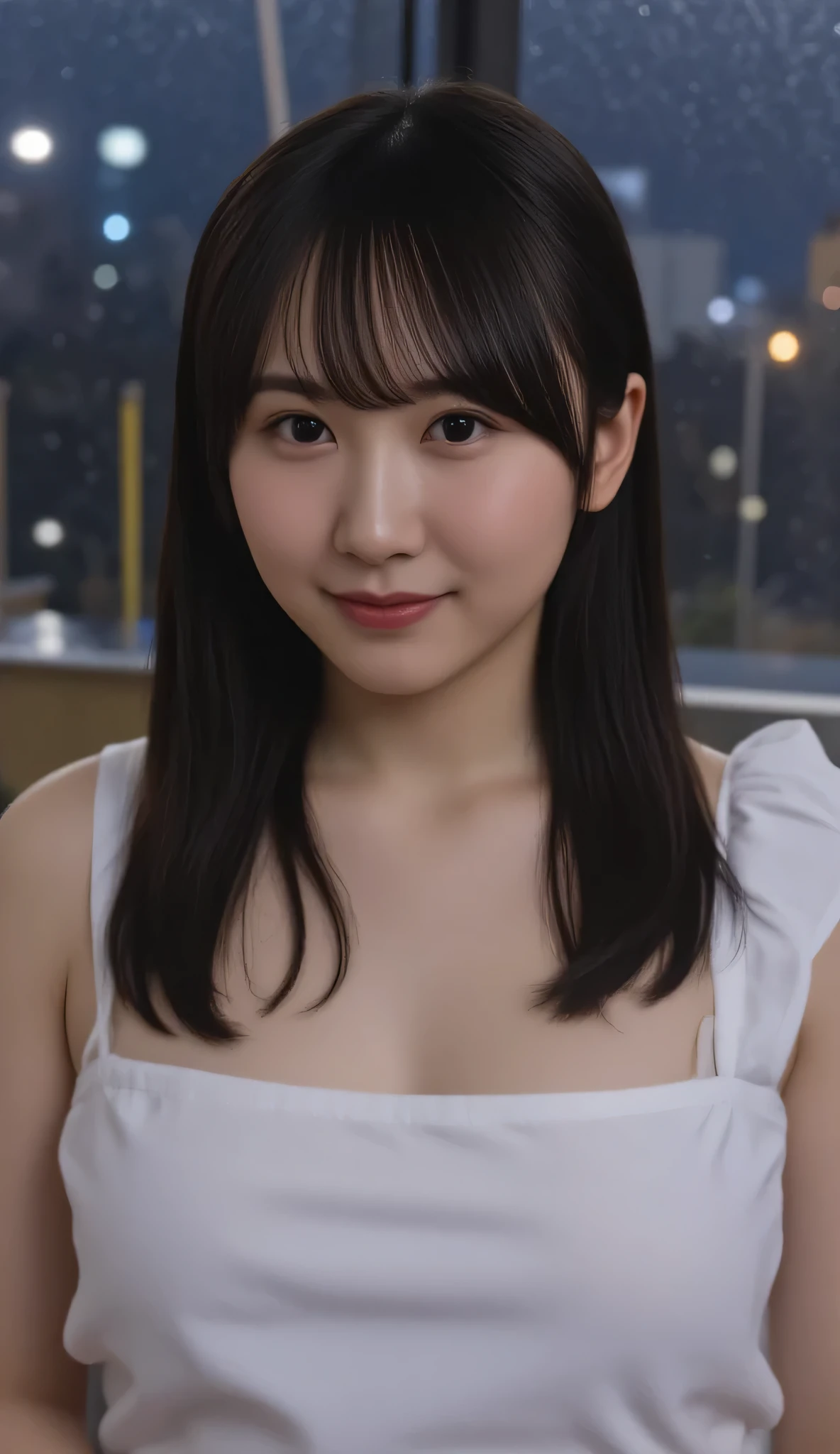 1girl, Solo, High Resolution, Masterpiece, Anatomically Correct, Accurate, real proportions, detailed skin, detailed face, Best Quality, real life style, black hair, bob hair, glasses, tween, rainy night, city background, indoors, wearing only a closed white shirt 