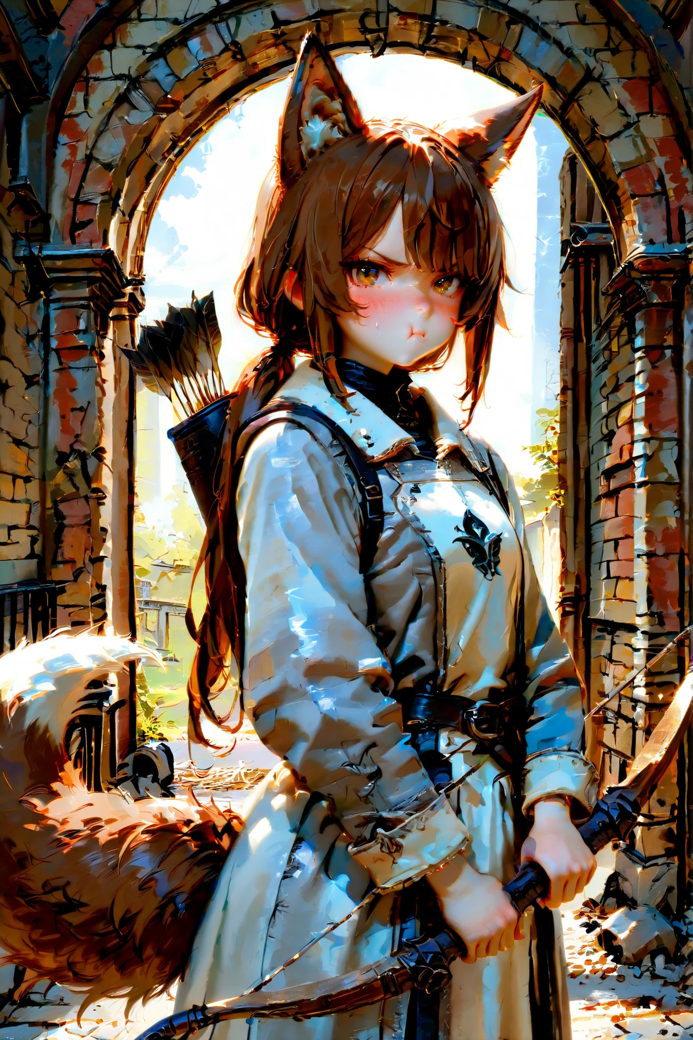 masterpiece, best quality, semi realistic, 8k, girl, tsundere, naughty, long and low ponytail brown hair, amber eye, clumsy, cute, small, pout face, solo character, wolf ear, wolf tail, gray jacket coat, medieval slum background, looking at viewer embarrassed, holding fantasy weapon bow