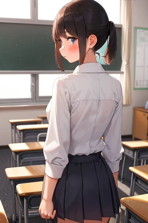 (1 woman), short bob, 18 years old, Japanese, brown eyes, brown hair, slim, (flat ?????), high school girl, classroom, summer uniform break at school. Blouse was transparent and bra was visible. Black bra