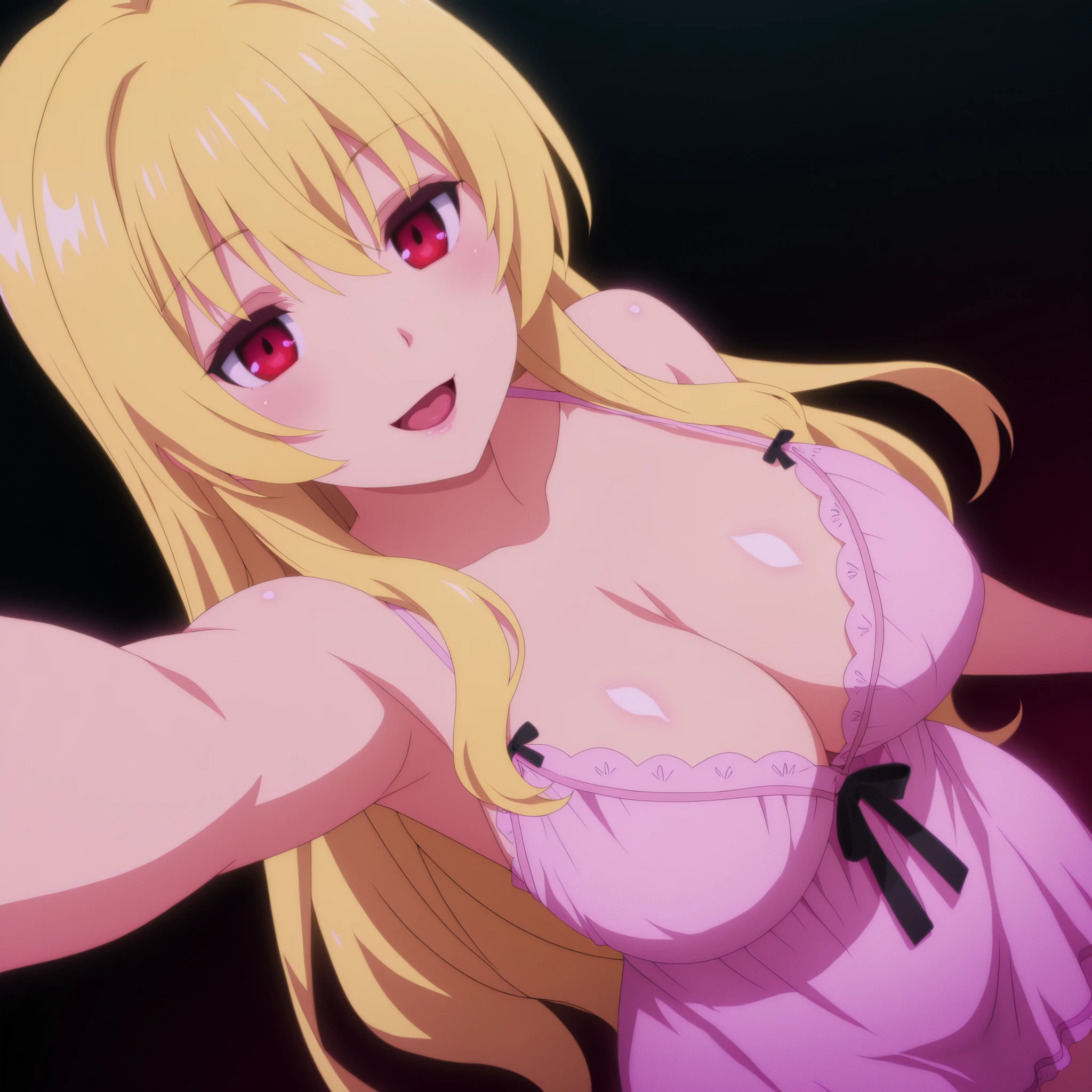 Yue from Arifureta with mature face and blond hair and red eyes. pink eye shadow. curvy figure and generous breasts, Wear sexy nightgown . standing, selfie . black background. open mouth sticking out the tongue. Anime art with great detail, vibrant lighting, soft, shiny skin,  adorable smile .
