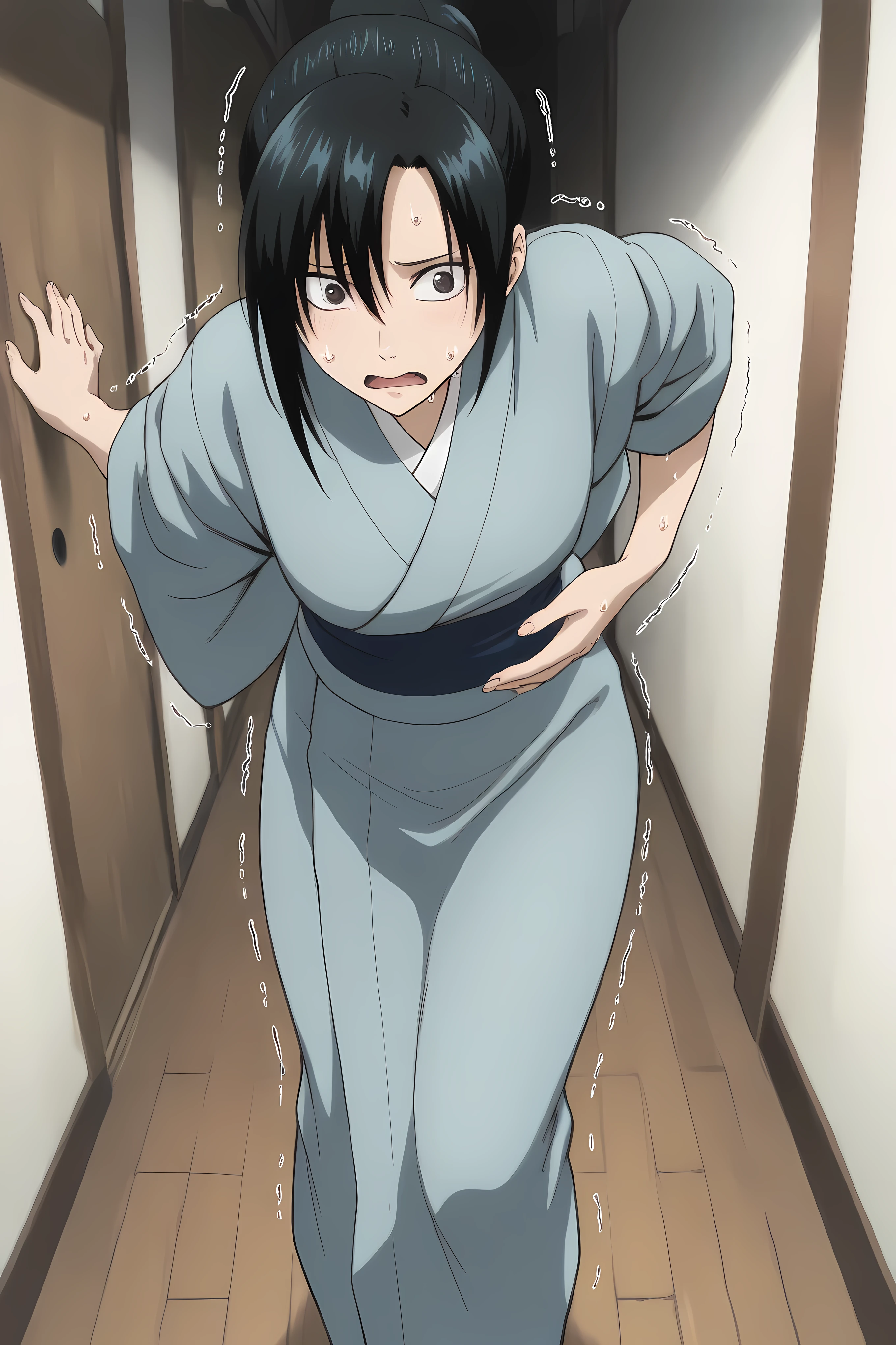 kyubei ,Japanese clothes, sash, obi, Solo, general, masterpiece, highres, ultra-detailed, hyper-detailed, best quality, amazing quality, very aesthetic, best hands, best eyes, best hand
adult woman, 1woman, hand on own stomach, sweat, leaning forward, nervous, scared, trembling legs, Wooden Brown Hallway, Wooden Floor,