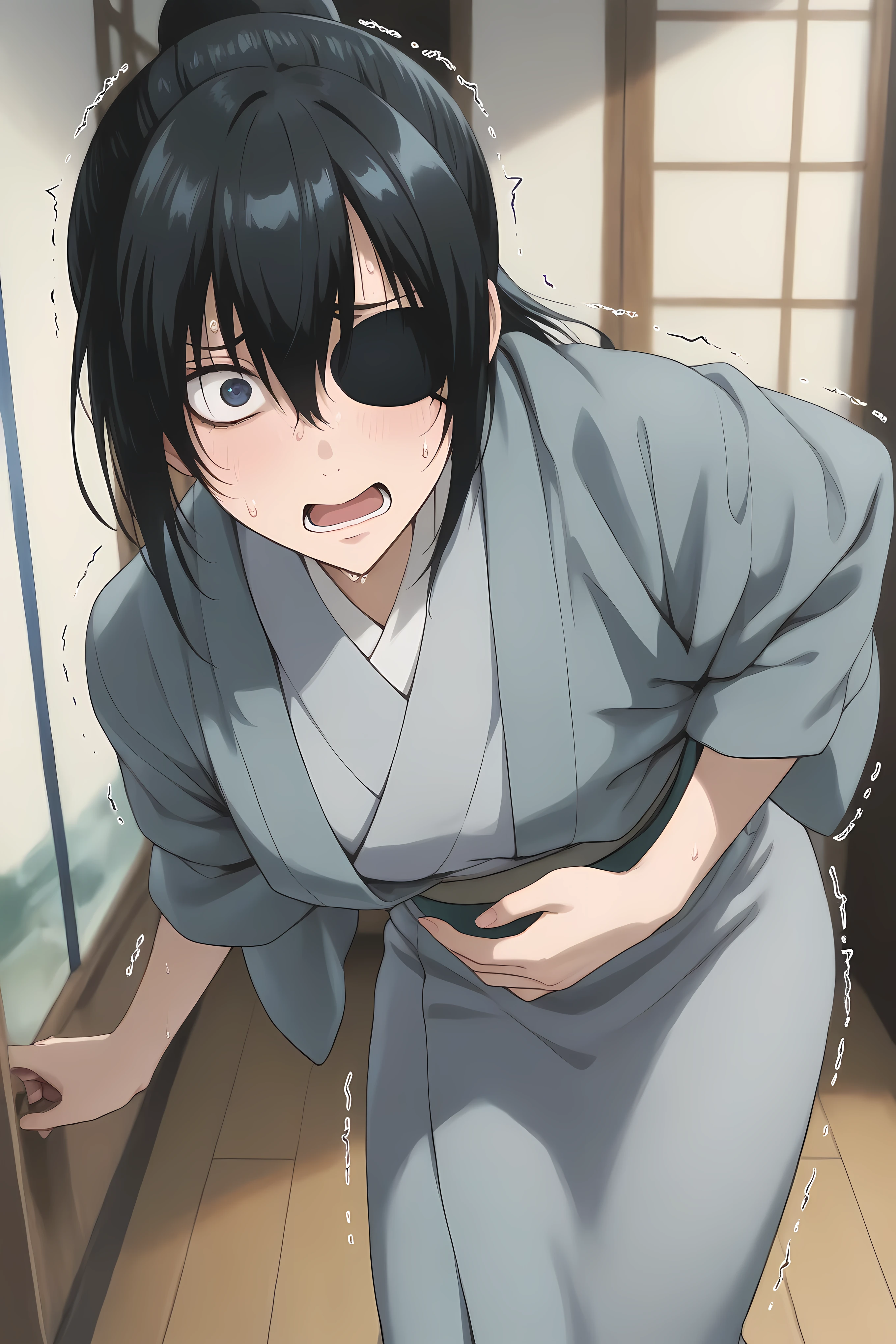 kyubei, eyepatch,  Solo, Japanese clothes, gray kimono, sash, obi, Solo, general, masterpiece, highres, ultra-detailed, hyper-detailed, best quality,  amazing quality, very aesthetic, best hands, best eyes, best hand
adult woman, 1woman, hand on own stomach, sweat,  leaning forward, nervous, scared, trembling legs, Wooden Brown Hallway, Wooden Floor,