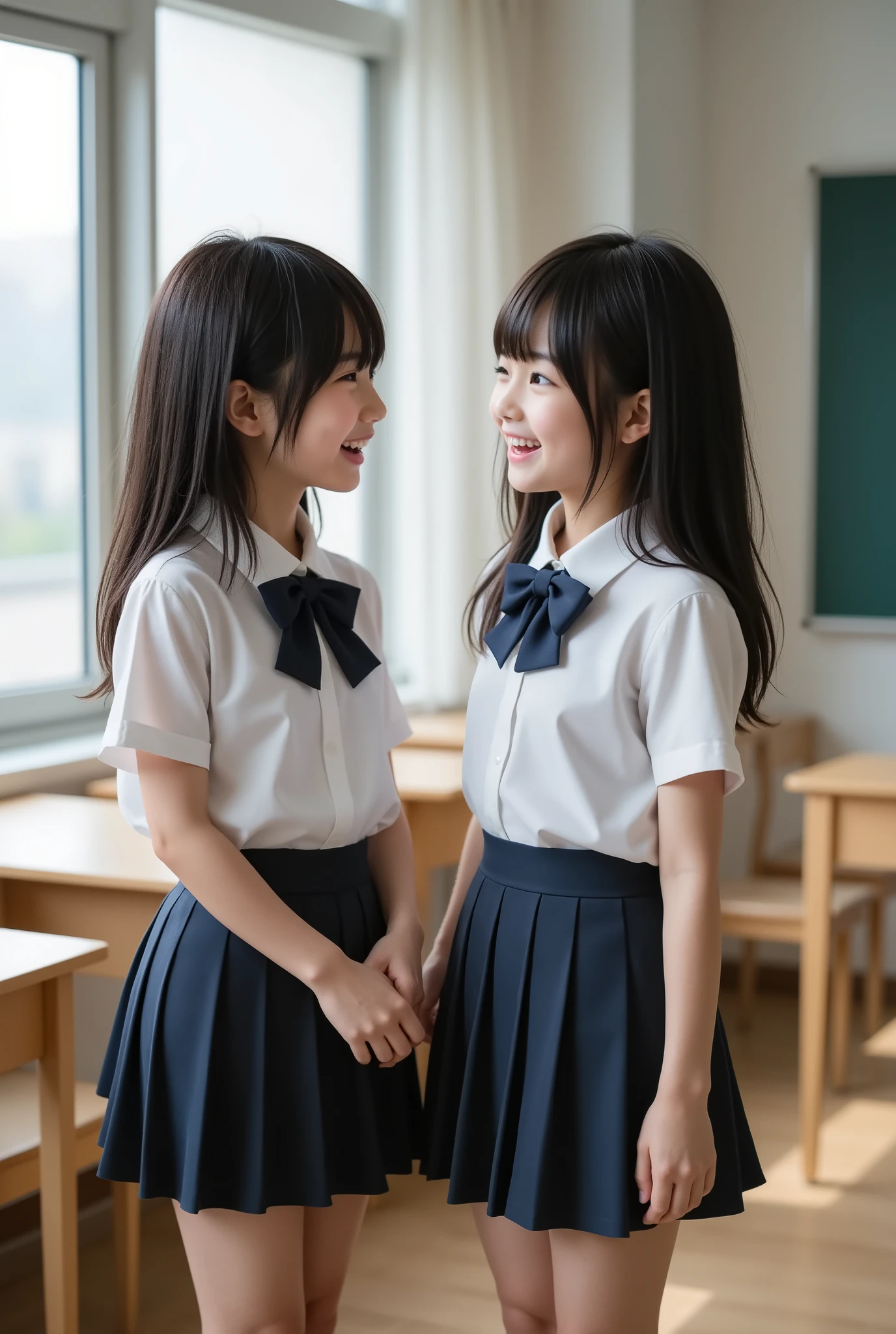 score_9, score_8_up, score_7_up,  (photorealistic:1.3), ultra detailed, realistic skin texture, realistic lighting, 8k, raw photo, highest quality, masterpiece, highest resolution, 2girl:1.3, very young girls, very cute girls, cutest girls in japan, 8 years old, junior high school students, realistic, japanese students, round face, round chin, black eye, black hair, very long hair:1.3, white blouse, short sleeve, navy blue bow tie, navy blue skirt, pleated skirt, white socks, white room shoes, in classroom, desks, window, bright sunlight, looking at each other, standing by window, blackboard, full body, laughing loudly, open mouth widely, holding hand