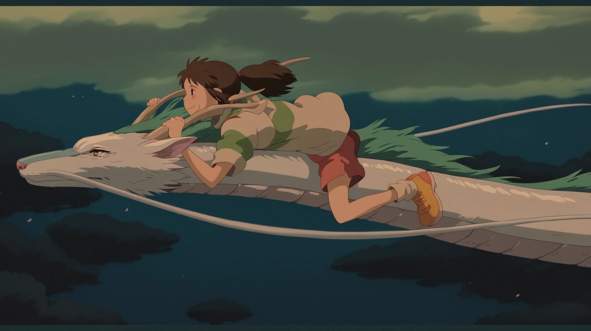 1girl and 1dragon, side view, riding on the back of a dragon, flying through the sky, wind blowing, Holding the horns, Xhakuxdragonx and Xchihirox from Spirited Away Studio, smile, dramatic clouds and scenic view below; anime style, emotional atmosphere, ghibri inspired, masterpiece, best quality, highly detailed, extremely detailed, absurdres, 4k, 8k, super resolution, intricate details, perfect anatomy