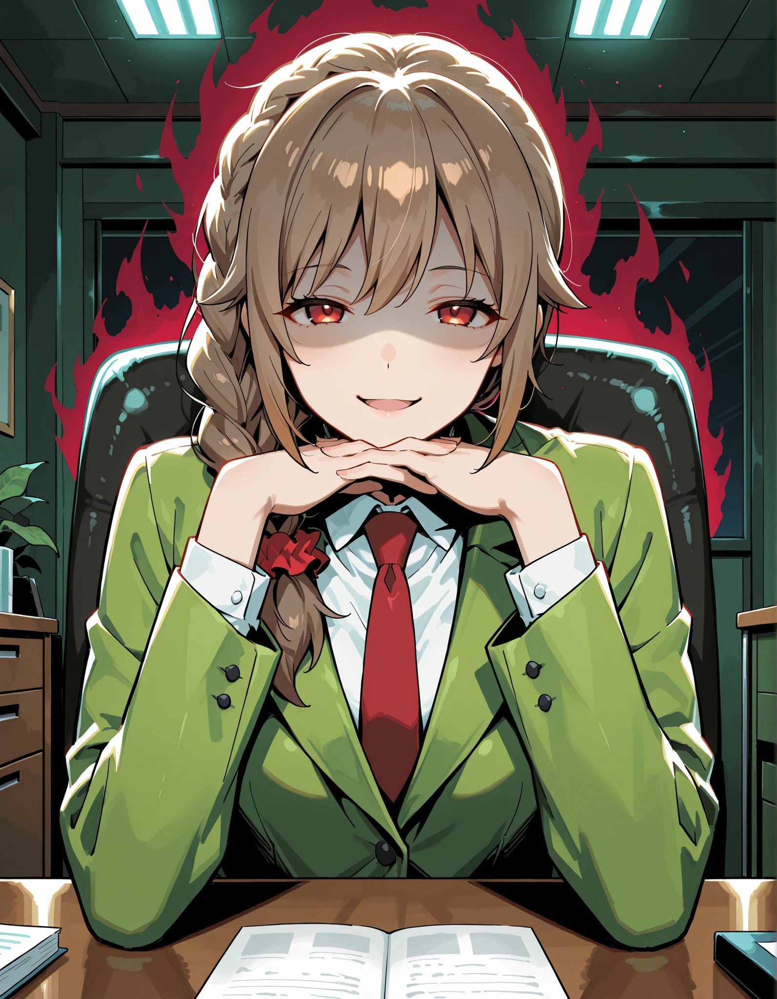 Score_9, score_8_up, score_7_up, source_anime, senkawa chihiro, solo, single braid, hair over shoulder, hair scrunchie, red scrunchie, brown hair, red eyes, (best quality), (high quality), {masterpiece}, extremely delicate and beautiful, ultra-detailed, beautiful detailed eyes, business suit, green jacket, white shirt, red necktie, office, dark room, desk, <lora:gendou-pose-illustriousxl-lora-nochekaiser:1>, gendou pose, own hands clasped, own hands together, parody, shaded face, looking at viewer, elbow rest, red aura, smirk, open mouth, sitting on chair, upper body