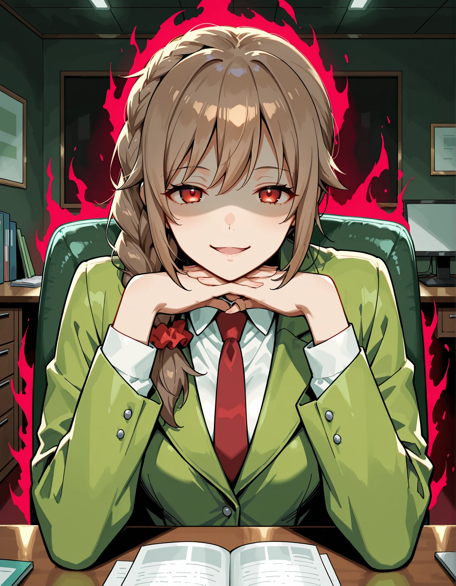 Score_9, score_8_up, score_7_up, source_anime, senkawa chihiro, solo, single braid, hair over shoulder, hair scrunchie, red scrunchie, brown hair, red eyes, (best quality), (high quality), {masterpiece}, extremely delicate and beautiful, ultra-detailed, beautiful detailed eyes, business suit, green jacket, white shirt, red necktie, office, dark room, desk, <lora:gendou-pose-illustriousxl-lora-nochekaiser:1>, gendou pose, own hands clasped, own hands together, parody, shaded face, looking at viewer, elbow rest, red aura, smirk, open mouth, sitting on chair, upper body