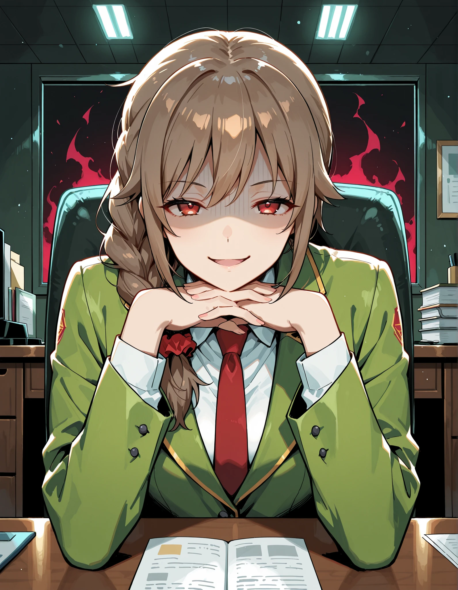 Score_9, score_8_up, score_7_up, source_anime, senkawa chihiro, solo, single braid, hair over shoulder, hair scrunchie, red scrunchie, brown hair, red eyes, (best quality), (high quality), {masterpiece}, extremely delicate and beautiful, ultra-detailed, beautiful detailed eyes, business suit, green jacket, white shirt, red necktie, office, dark room, desk, <lora:gendou-pose-illustriousxl-lora-nochekaiser:1>, gendou pose, own hands clasped, own hands together, parody, shaded face, looking at viewer, elbow rest, red aura, smirk, open mouth, sitting on chair, upper body