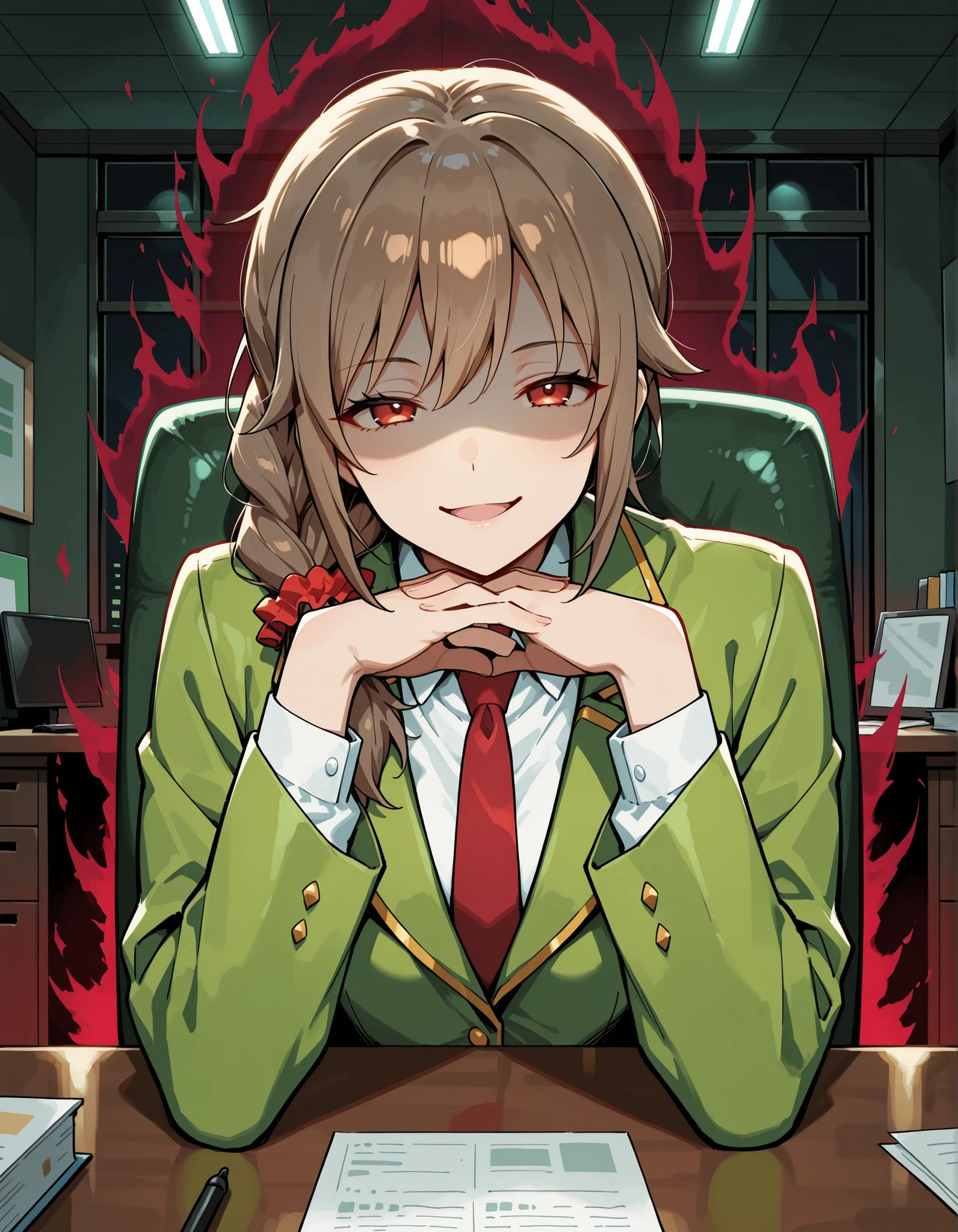 Score_9, score_8_up, score_7_up, source_anime, senkawa chihiro, solo, single braid, hair over shoulder, hair scrunchie, red scrunchie, brown hair, red eyes, (best quality), (high quality), {masterpiece}, extremely delicate and beautiful, ultra-detailed, beautiful detailed eyes, business suit, green jacket, white shirt, red necktie, office, dark room, desk, <lora:gendou-pose-illustriousxl-lora-nochekaiser:1>, gendou pose, own hands clasped, own hands together, parody, shaded face, looking at viewer, elbow rest, red aura, smirk, open mouth, sitting on chair, upper body