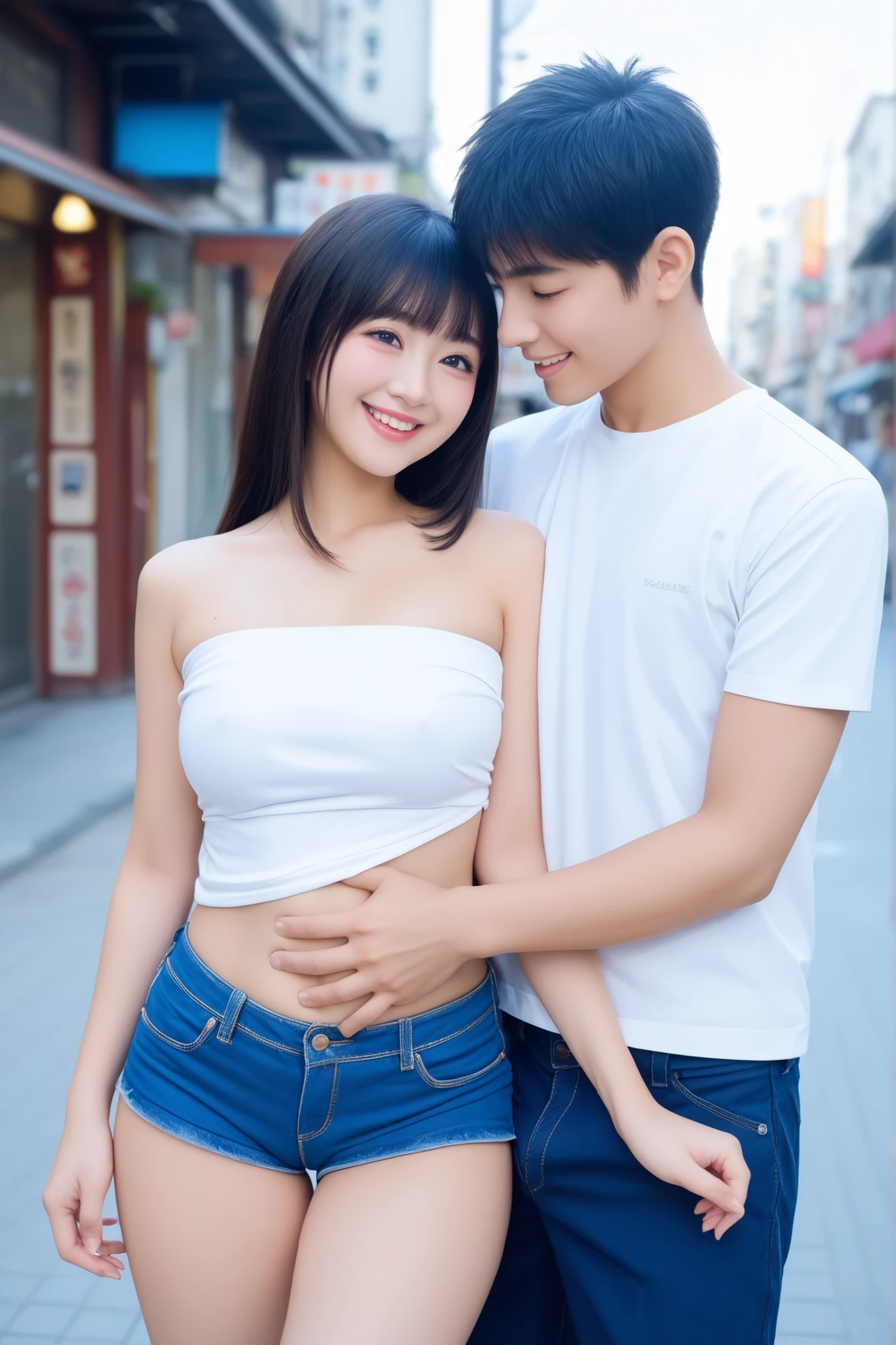 Picture of her hugging her grandson
A Japanese boy is on a street date with a pretty young woman and her grandson。Generate。Grandson's girl is wearing a white tube top and blue denim shorts。Underboob、belly button out、Belly exposed、thighs。Boy and girl face the front and smile。Boy is wearing a white t-shirt and navy blue shorts。Bulge in the boy's crotch。Boy is rubbing girl's chest。