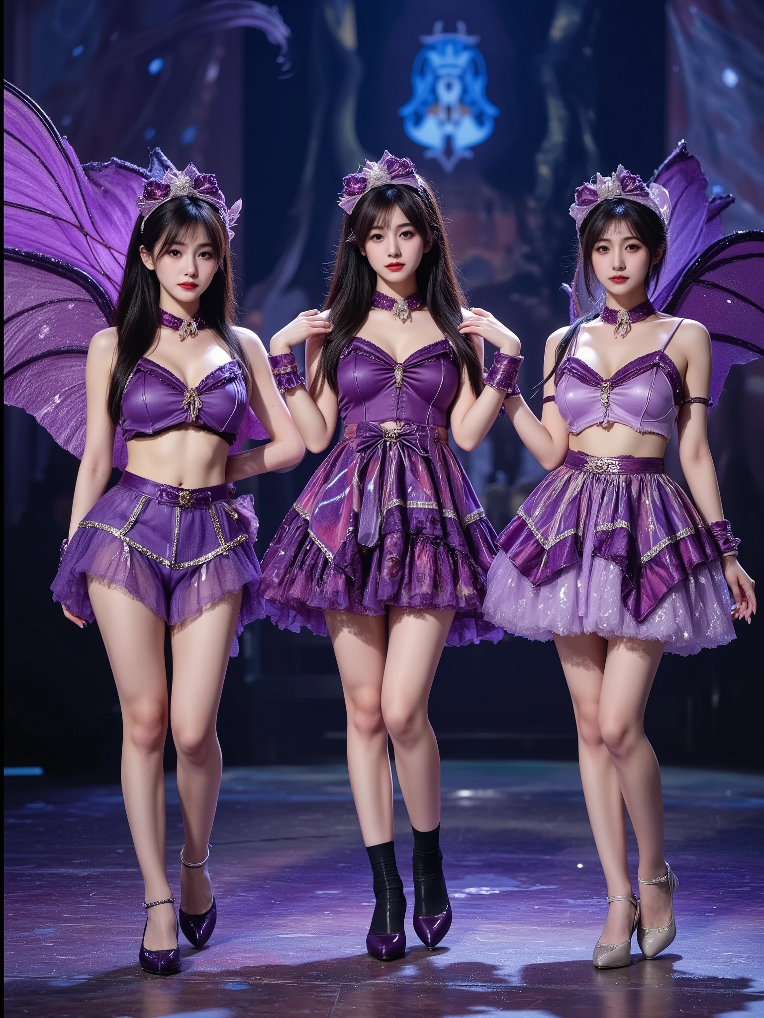 Threesome Women, costumes with a succubus motif, a trio of enchanting idol women, they sing and dance passionately on stage, A magical atmosphere, Bewitching clothes with a lot of exposure, Glamorous Expression, Bewitching Gesture , attractive poses, On a glittering stage, high quality,Realistic,HDR,Precise Depiction,professional,vivid colors,bokeh,Oil Paint, devil horns, devil wings, devil tail, A realistic photo of slender and beautiful woman dressed in idol costume. She is also wearing purple shoes. ,Huge Breast,OBbllai,