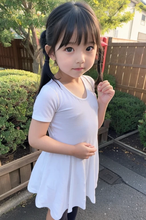 8k,Japanese,9 years old,Innocent face,Teenage Girl,cute,Random color plain t-shirt,Casual wear,Sitting,Black Hair,garden,Hair Clip,