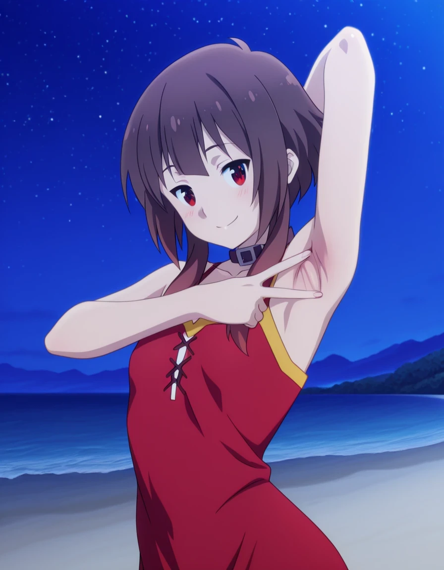 megumin, short hair, black hair, red eyes, short hair with long locks, mature female, small breasts, anime screencap, sleeveless, collar, red dress, high quality, solo, night sky, beach, <lora:spread-armpit-illustriousxl-lora-nochekaiser:1>, spread armpit, armpits, armpit focus, v, ((contrapposto)), closed mouth, upper body, looking at viewer, smile, best quality