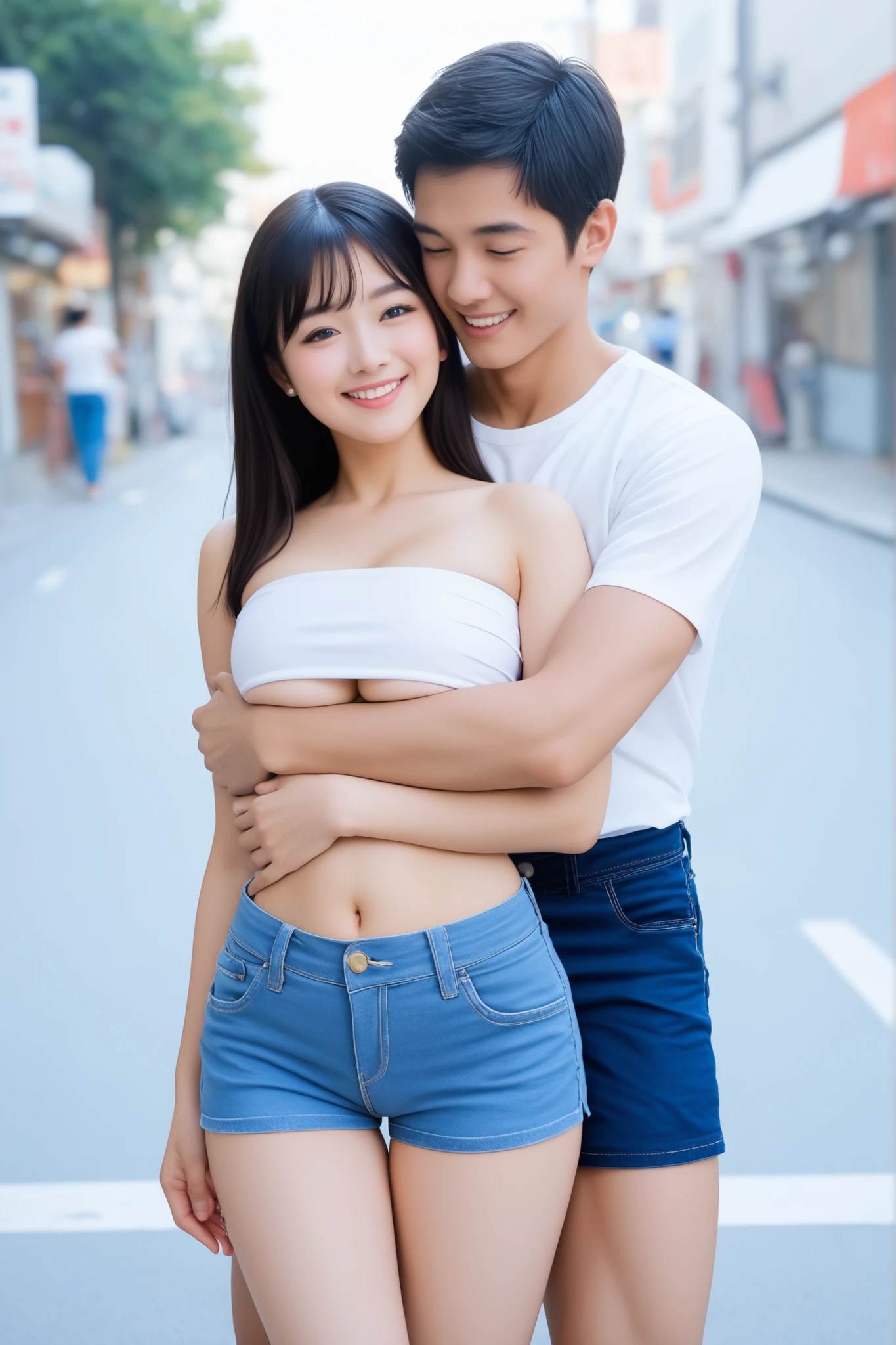 Picture of her hugging her grandson
A Japanese boy is on a street date with a pretty young woman and her grandson。Generate。Grandson's girl is wearing a white tube top and blue denim shorts:1.2。My grandson's girl is thin、thin waist。Underboob、belly button out、Belly exposed、thighs。The boy and the girl are facing the front and smiling。Boy is wearing a white t-shirt and navy blue shorts。Bulge in the boy's crotch。The boy is rubbing the girl's chest with both hands:1.2。