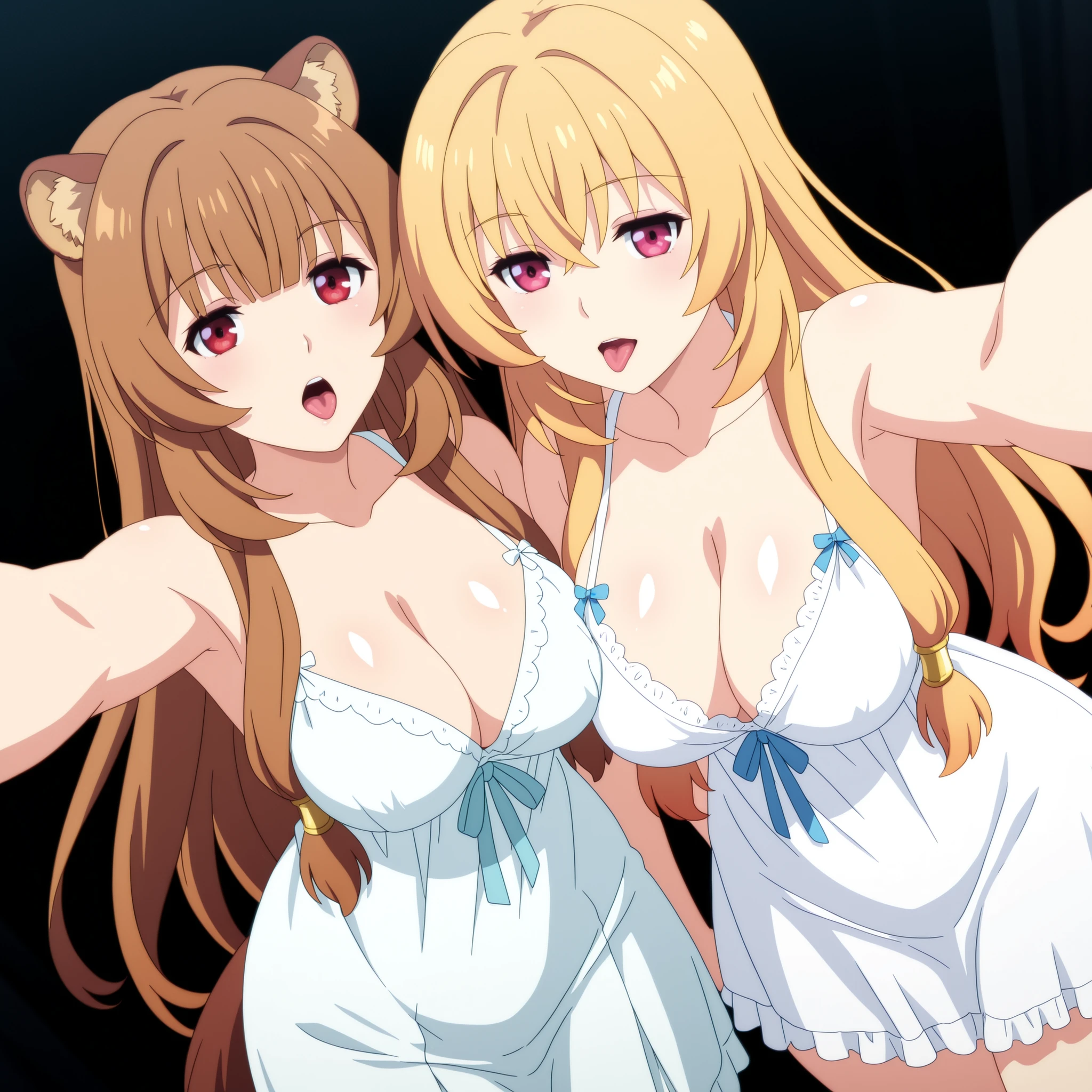 two women 1st Yue from Arifureta with mature face and blond hair and red eyes. pink eye shadow. curvy figure and generous breasts,     2nd Raphtalia with orange hair and red eyes . curvy figure and generous breasts. both women wear sexy white nightgowns . are standing side by side , selfie . black background. open mouth sticking out the tongue. Anime art with great detail, vibrant lighting, soft, shiny skin, 