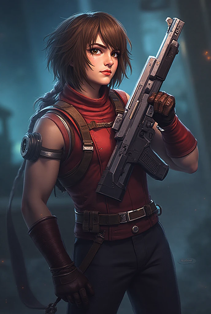 j3nn1f3rg-v1, Elektra Marvel, brown hair, smilling, Burgundy Tactical uniform. leather uniform, Burgundy  Tactical pants,,photography,ultra details, vivid colors,light and shadows effects,, dramatic atmosphere,sharp focus, city background, Sleeveless, .Burgundy sleeveless uniform, 