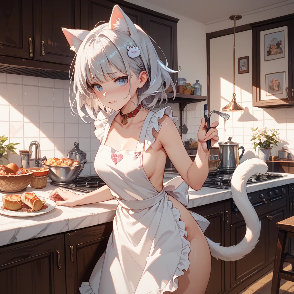 cinematic still The image is an illustration of a young woman with long white hair and cat ears on her head. She is standing in a kitchen with white cabinets and a countertop in the background. The woman is wearing a pink dress with a blue bow on the left side of her chest. She has a big smile on her face and is looking directly at the camera. Her body is turned slightly to the side, with one hand on her hip and the other resting on her thigh. The cat's tail is long and white, with a pointed tip. The overall mood of the image is playful and whimsical . emotional, harmonious, vignette, 4k epic detailed, shot on kodak, 35mm photo, sharp focus, high budget, cinemascope, moody, epic, gorgeous, film grain, grainy, score_9, score_8_up, score_7_up, animal_ears, 1girl, tail, cat_ears, breasts, cat_tail, blue_eyes, heterochromia, blush, blurry, large_breasts, solo, long_hair, apron, depth_of_field, looking_at_viewer, ribbon, blue_ribbon, rating:questionable, ass, cowboy_shot, bangs, hair_ribbon, animal_ear_fluff, wavy_mouth, eyebrows_visible_through_hair, blurry_background, standing, embarrassed, white_hair, from_side, silver_hair, naked_apron, indoors, bare_shoulders, sideboob, closed_mouth
